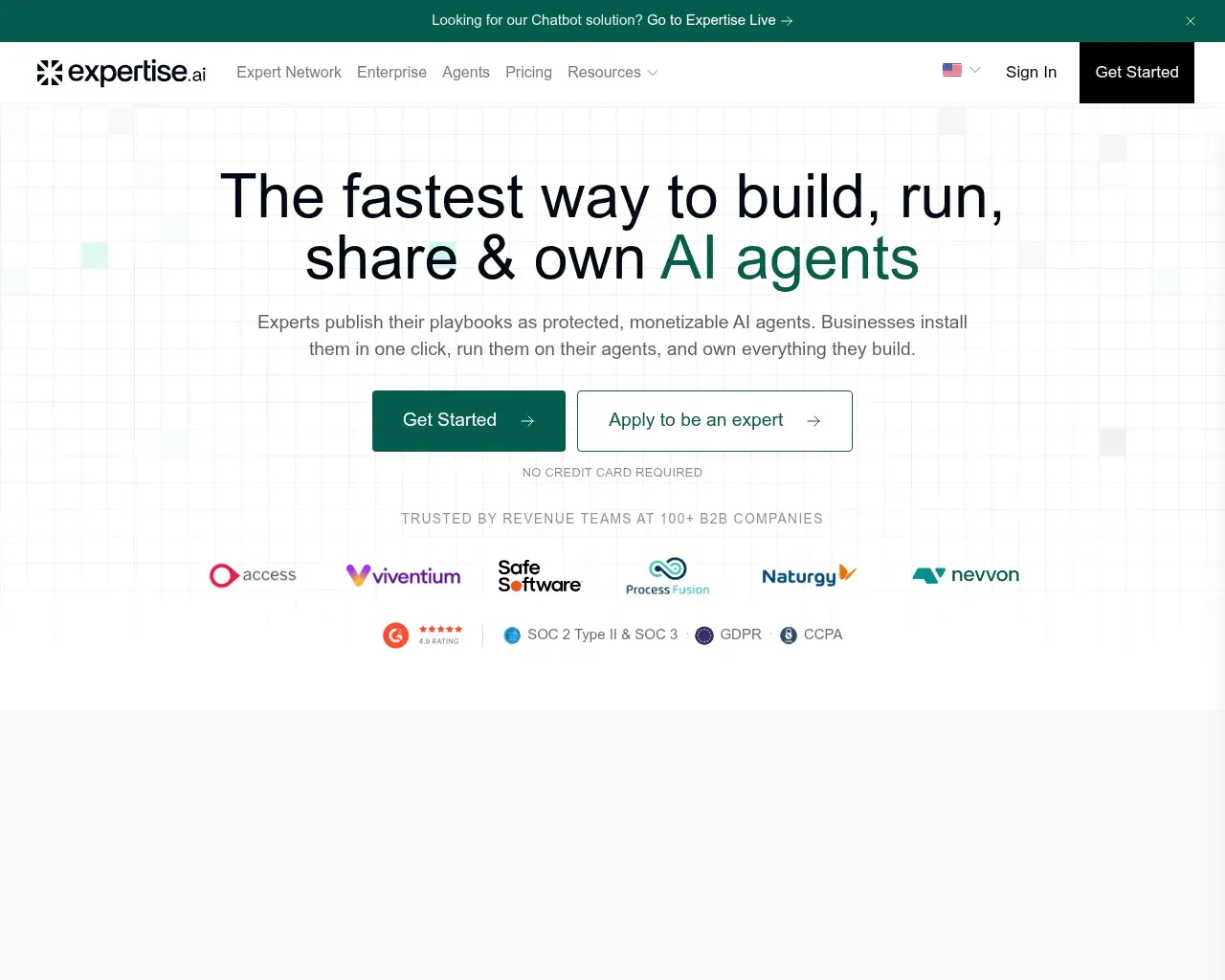 Expertise AI homepage with the headline about building and owning AI agents, plus a Go to Expertise Live banner
