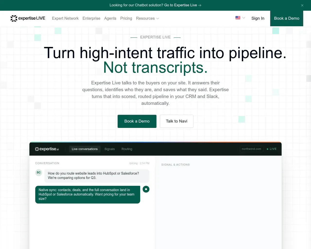 Expertise Live product page describing real-time website conversations and visitor identification