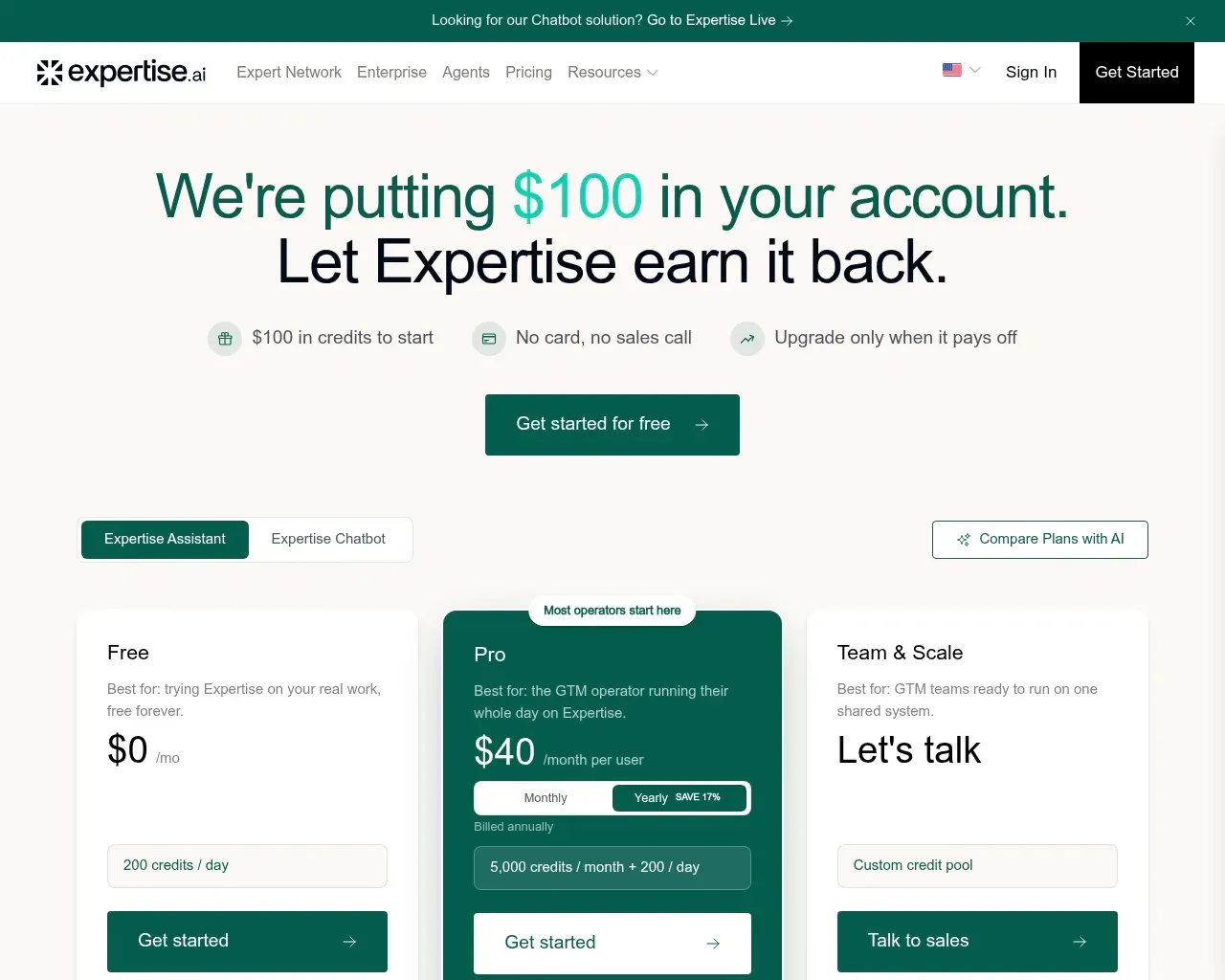 Expertise pricing page showing Free, Pro at 40 dollars, and Team and Scale tiers with a credit model