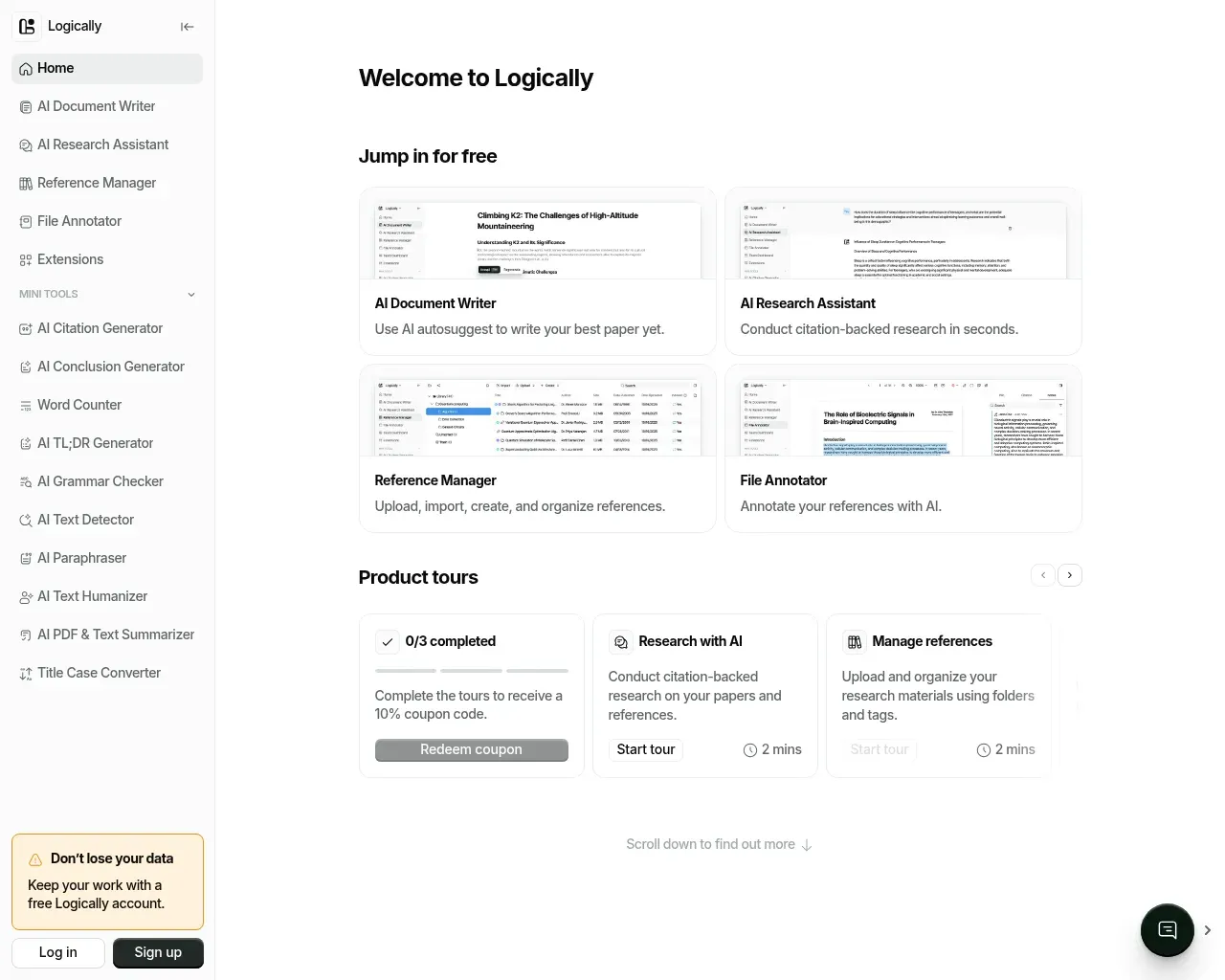 El espacio de trabajo de Logically muestra cuatro módulos: AI Document Writer, AI Research Assistant, Reference Manager y File Annotator