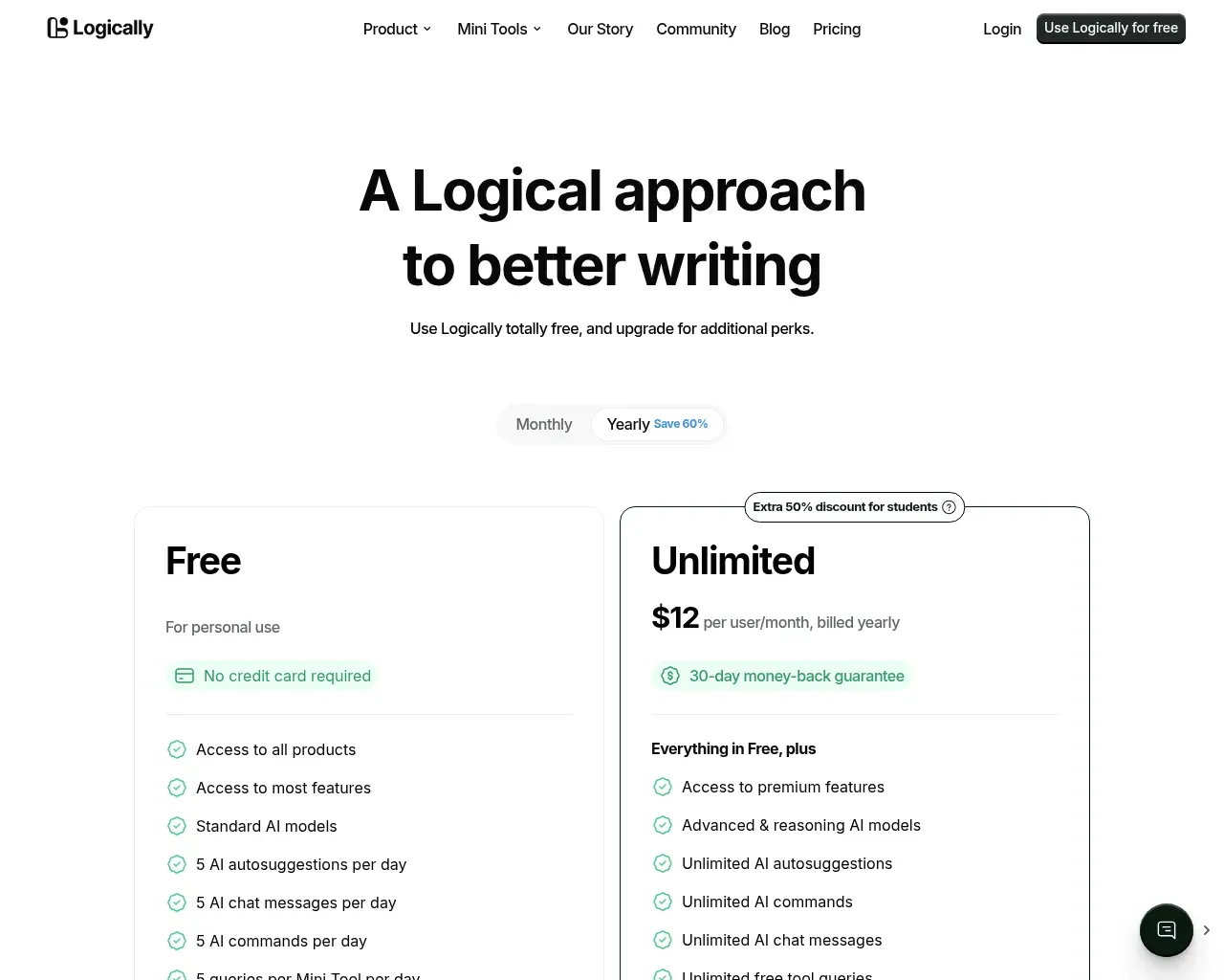 Precios de Logically: un plan gratuito y un plan Ilimitado a $12 por usuario por mes facturado anualmente