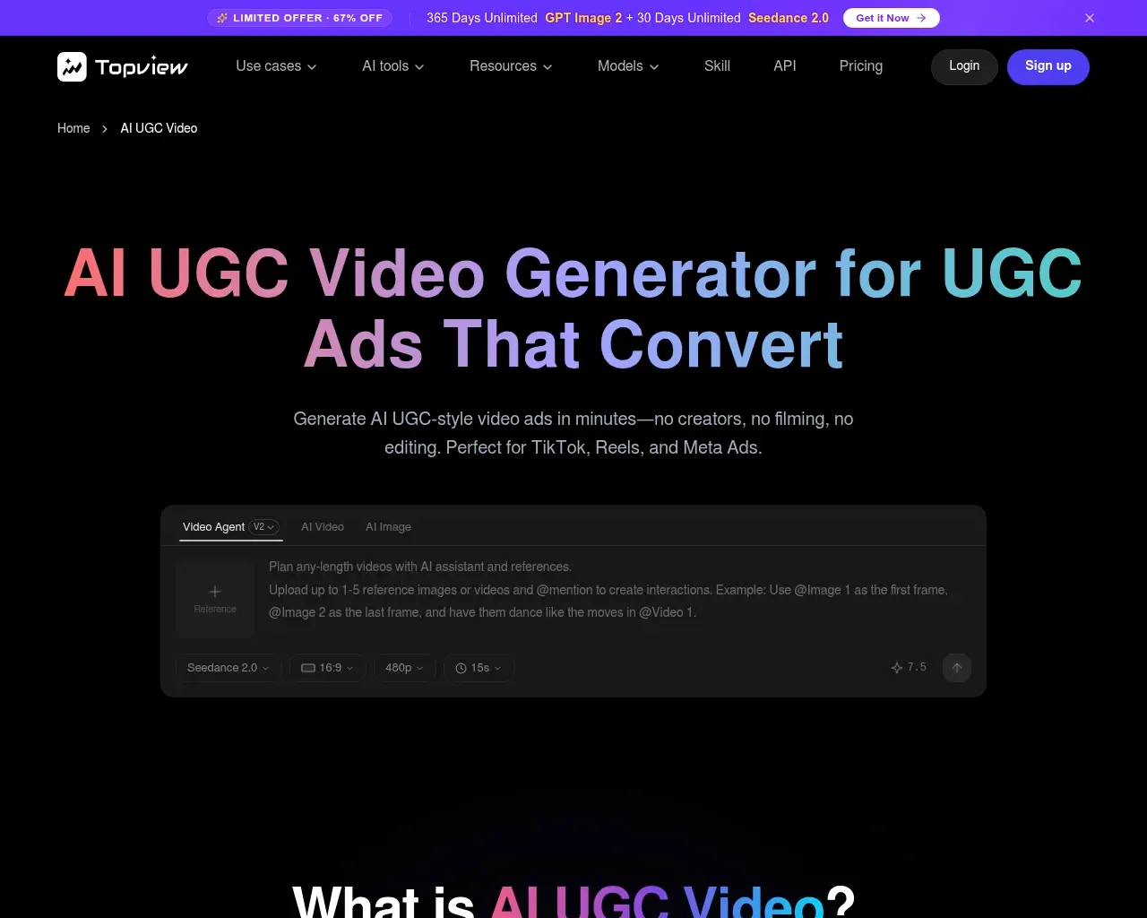 Topview AI's AI UGC Video page describing avatar-based review ads with lip-sync and multilingual variations