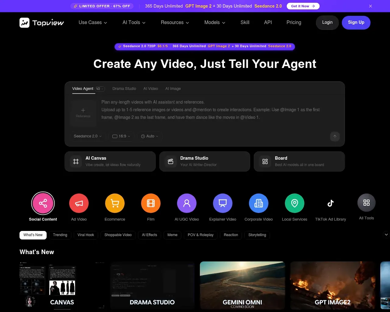 Topview AI homepage showing the Video Agent V2 composer with channel tabs for Social Content, Ad Video, Ecommerce and more