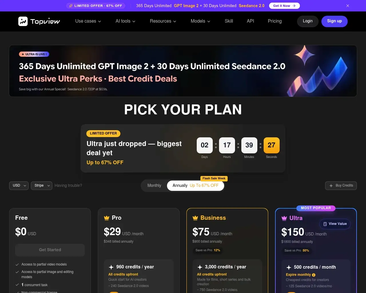 Topview AI pricing page with Free, Pro $29, Business $75 and Ultra $150 monthly tiers and a flash-sale countdown