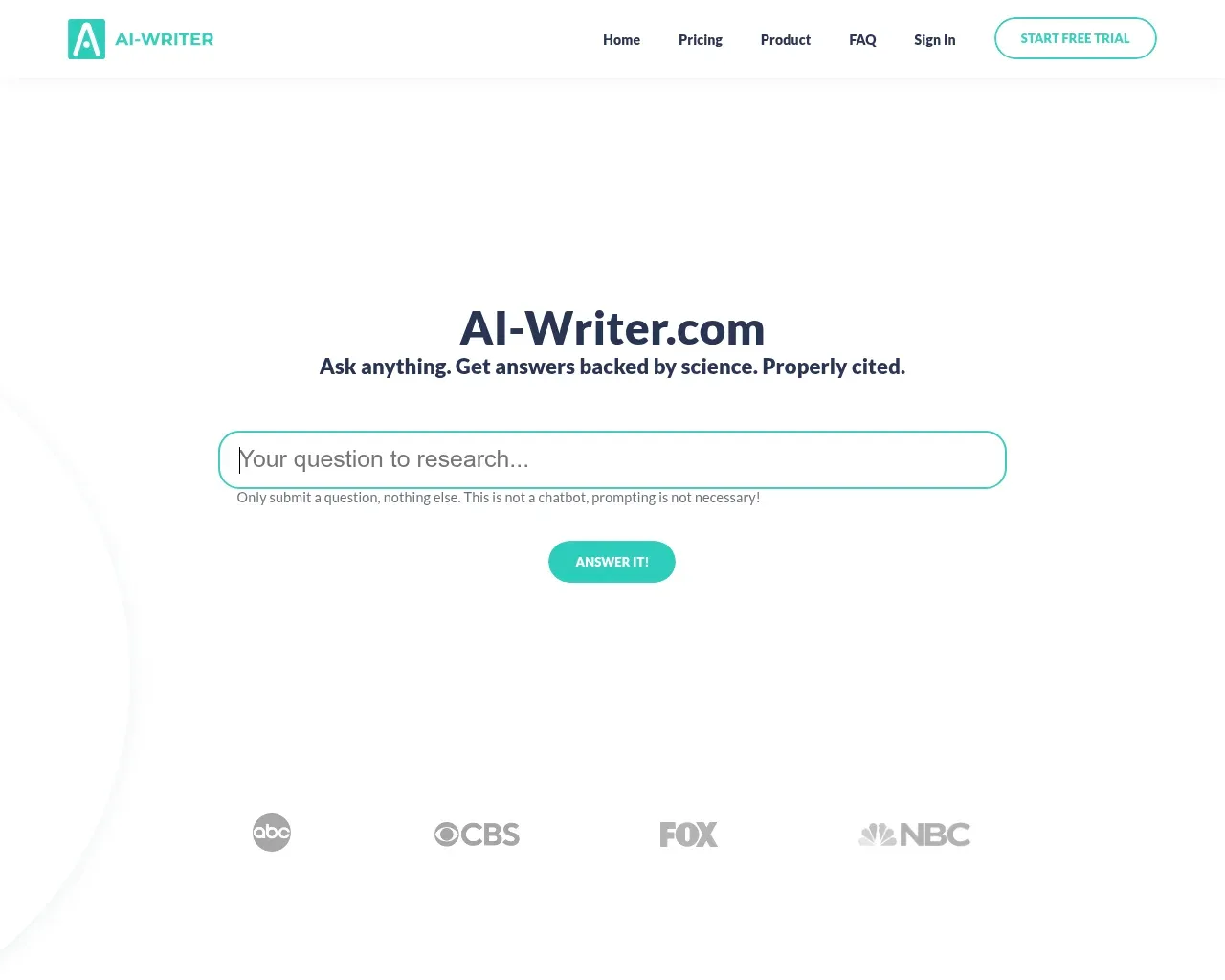 AI-Writer.com होमपेज — शीर्षक "कुछ भी पूछें। विज्ञान द्वारा समर्थित उत्तर पाएं। सही ढंग से उद्धृत।" एक शोध प्रश्न बॉक्स और "इसका जवाब दें!" बटन के ऊपर