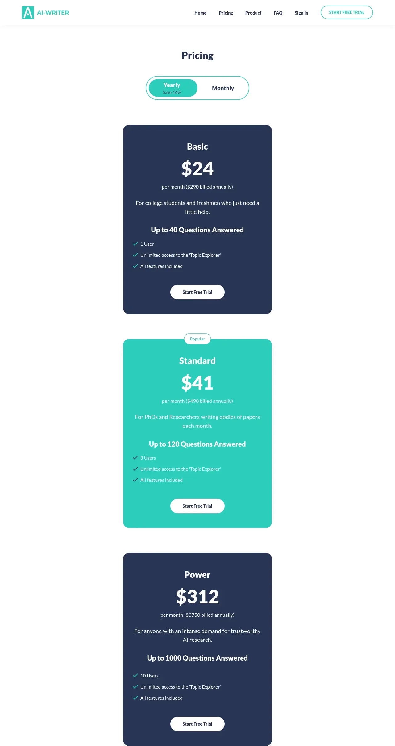 AI-Writer.com मूल्य निर्धारण — Basic ($24/माह वार्षिक, 40 प्रश्न), Standard ($41/माह, 120 प्रश्न) और Power ($312/माह, 1,000 प्रश्न) स्तर, वार्षिक/मासिक टॉगल के साथ