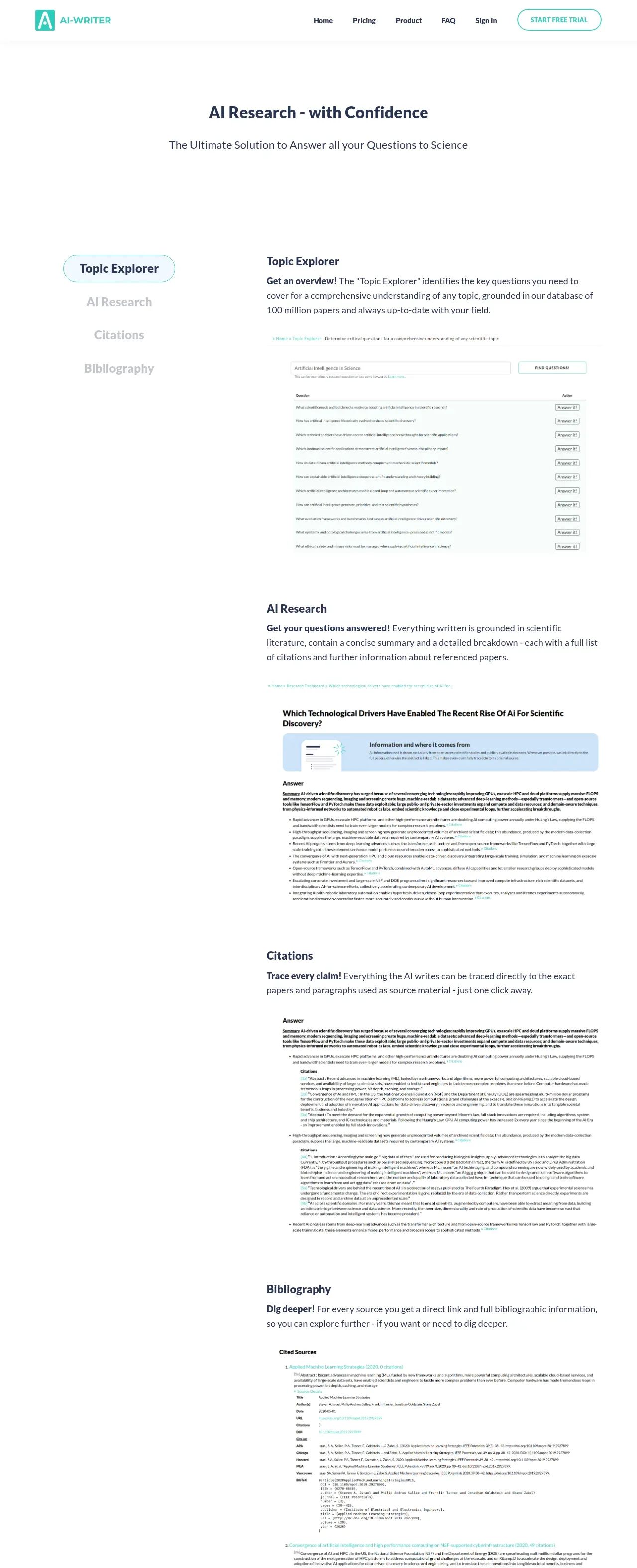 AI-Writer.com उत्पाद वॉकथ्रू — Topic Explorer शोध प्रश्न सुझाते हुए, "यह कहाँ से आता है" स्रोत पैनल के साथ AI Research उत्तर, और पूर्ण उद्धरण स्वरूपों के साथ ग्रंथसूची