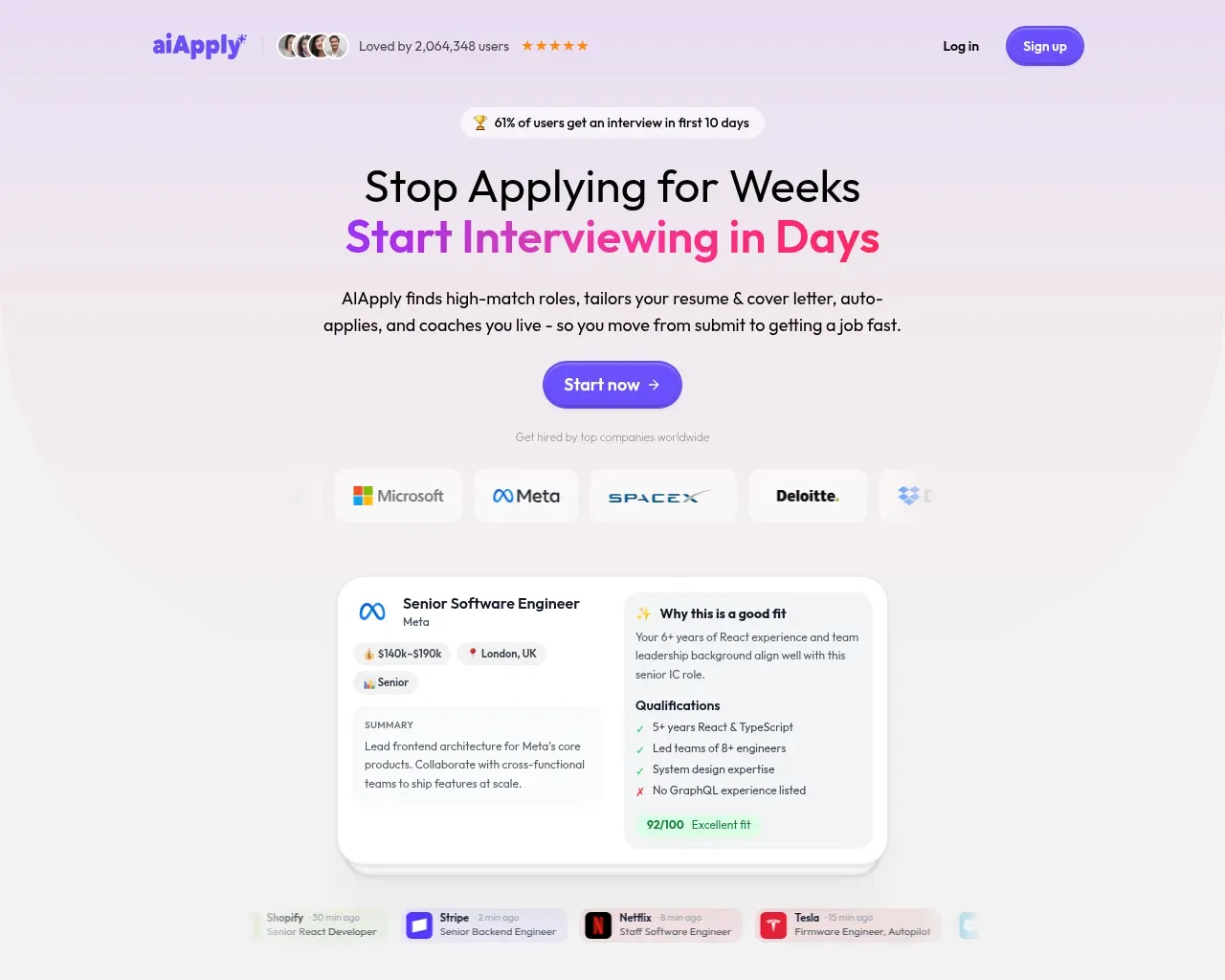 AIApply homepage showing the headline "Stop Applying for Weeks, Start Interviewing in Days" and a job-match card