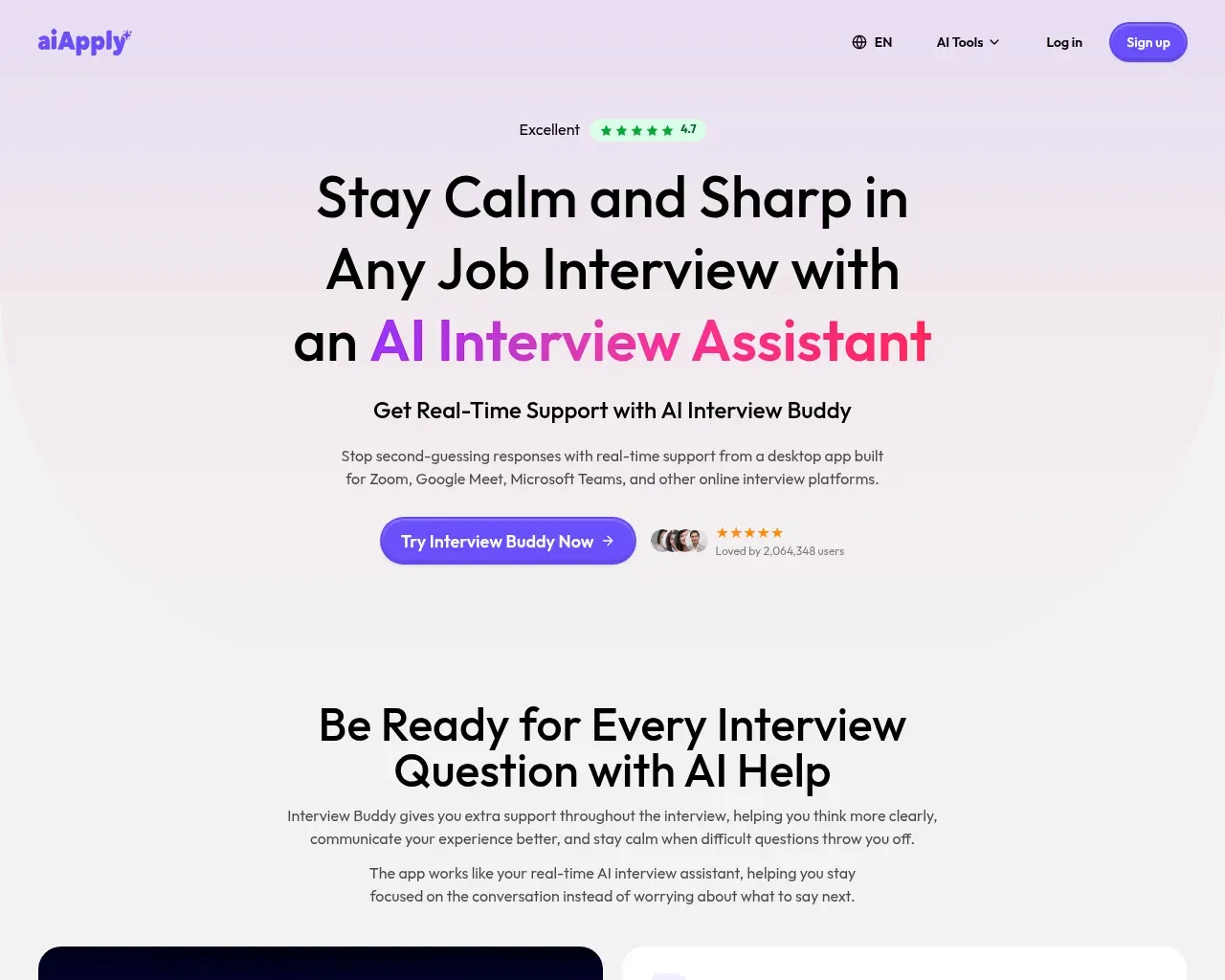 AIApply's Interview Buddy page describing real-time AI interview support for Zoom, Google Meet and Microsoft Teams
