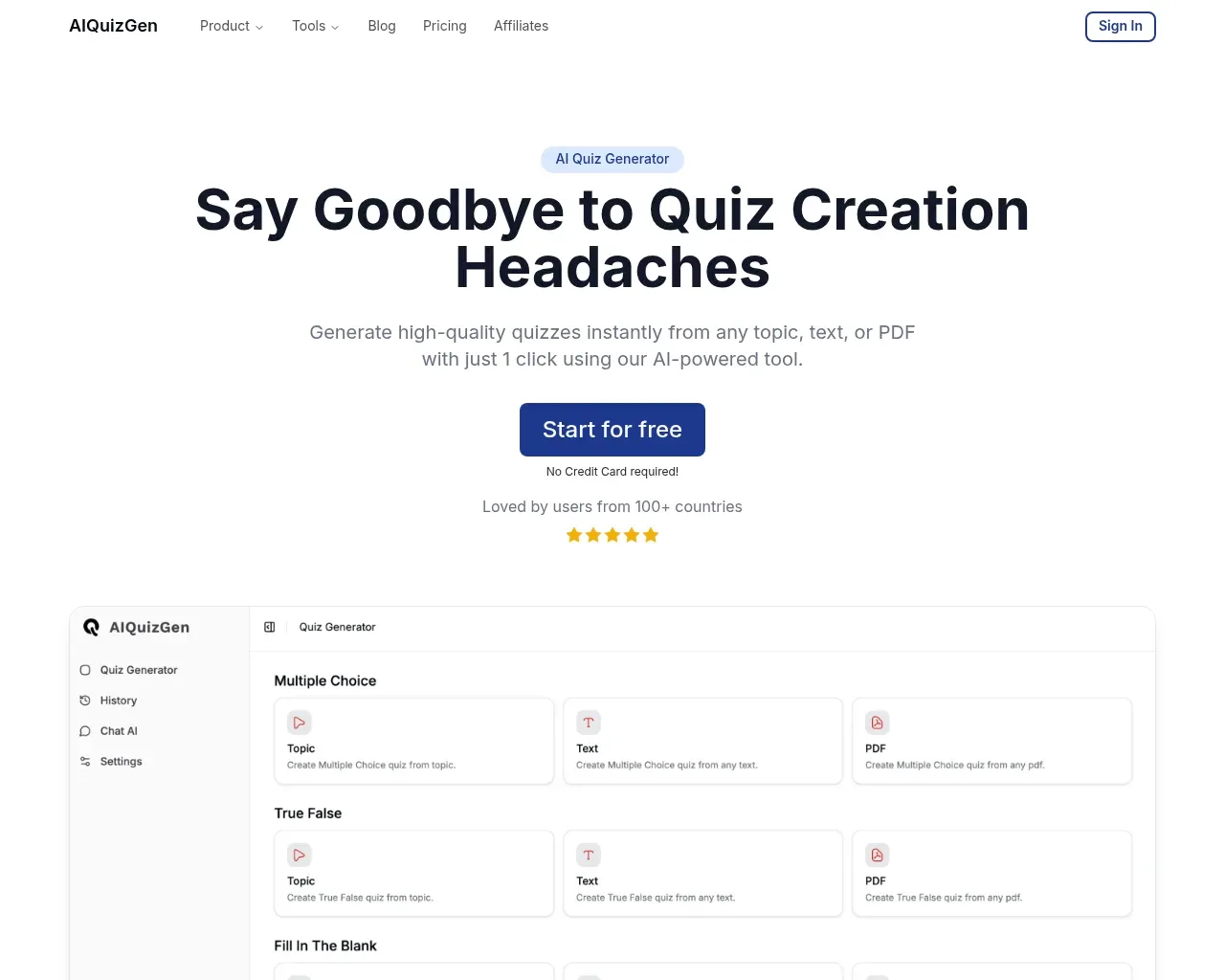 Página de inicio de AIQuizGen — "Say Goodbye to Quiz Creation Headaches", con el generador de cuestionarios integrado mostrando tipos de pregunta de Opción Múltiple, Verdadero/Falso y Completar el Espacio creados a partir de un tema, texto o un PDF