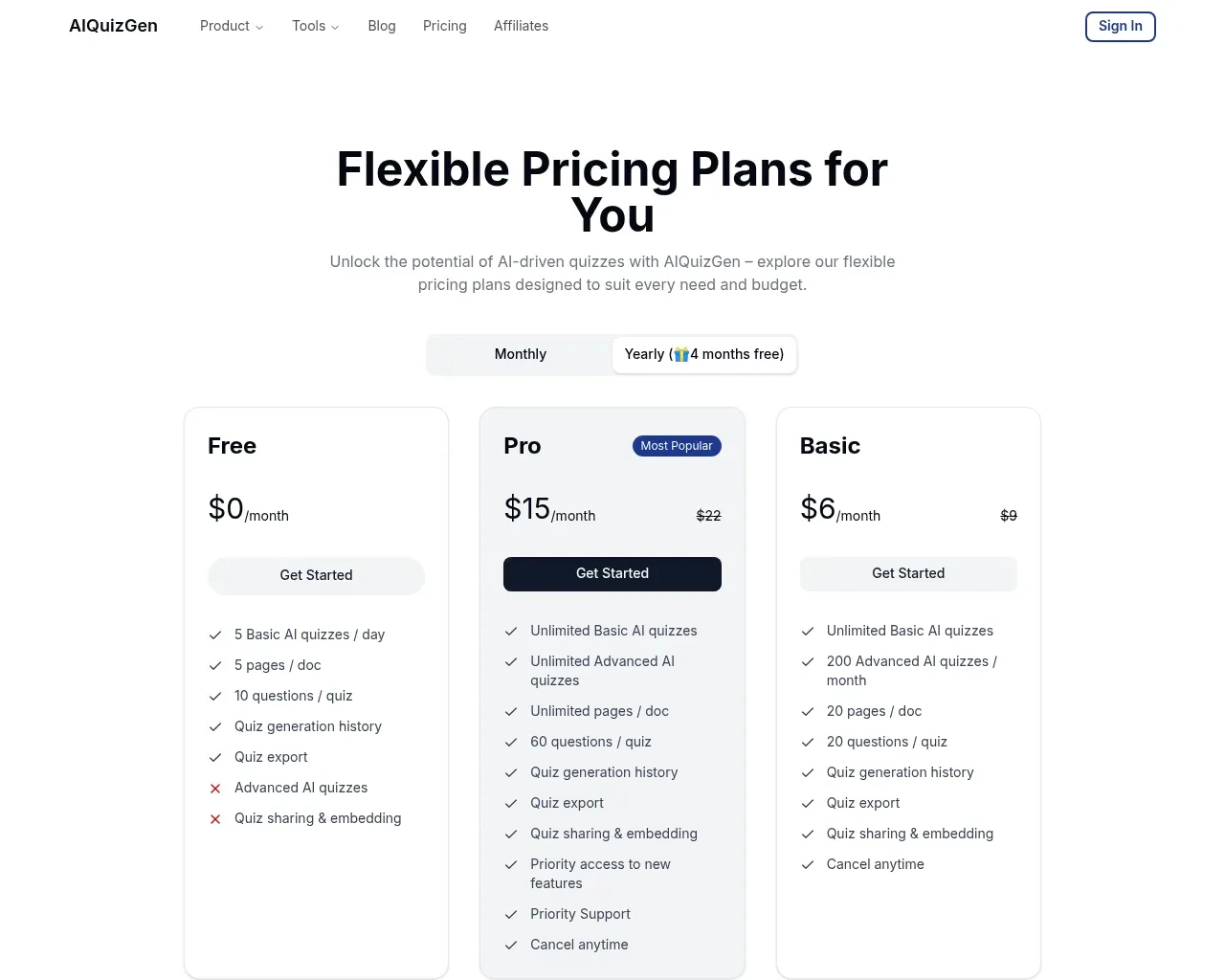 Página de precios de AIQuizGen — planes Free, Basic y Pro con un selector mensual/anual