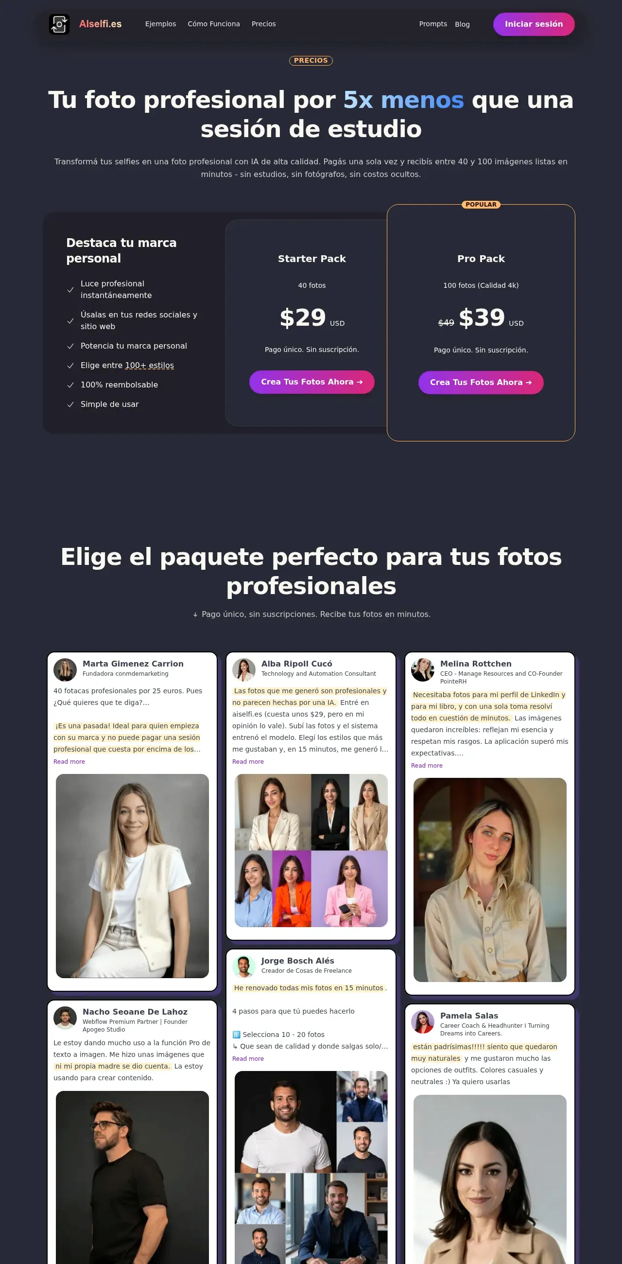 Страница цен AISelfi.es — пакет Starter с 40 фотографиями за $29 и пакет Pro со 100 фотографиями за $39, оба с разовой оплатой без подписки
