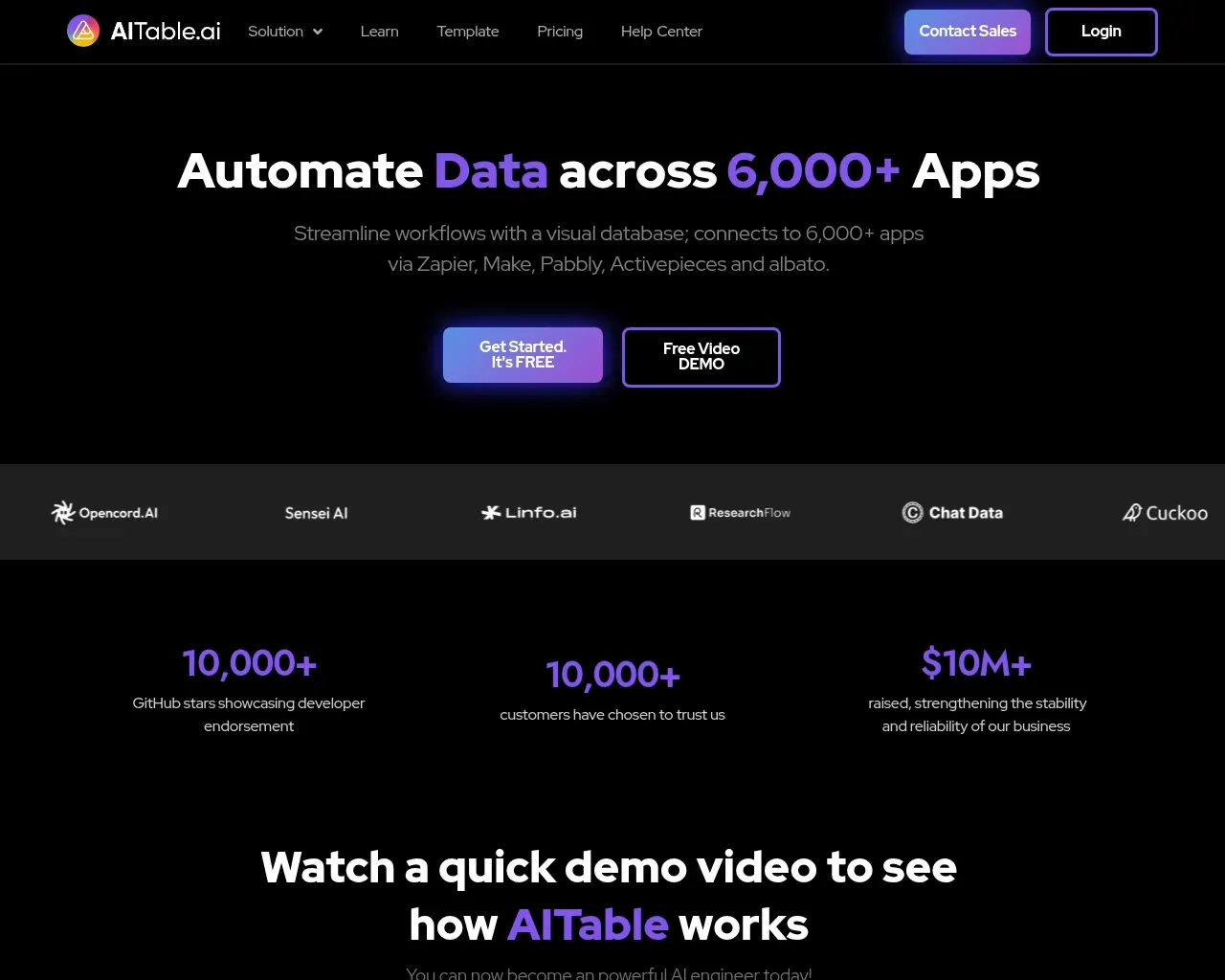 AITable.ai 首页——一个可在 6,000+ 应用中自动化数据的可视化数据库