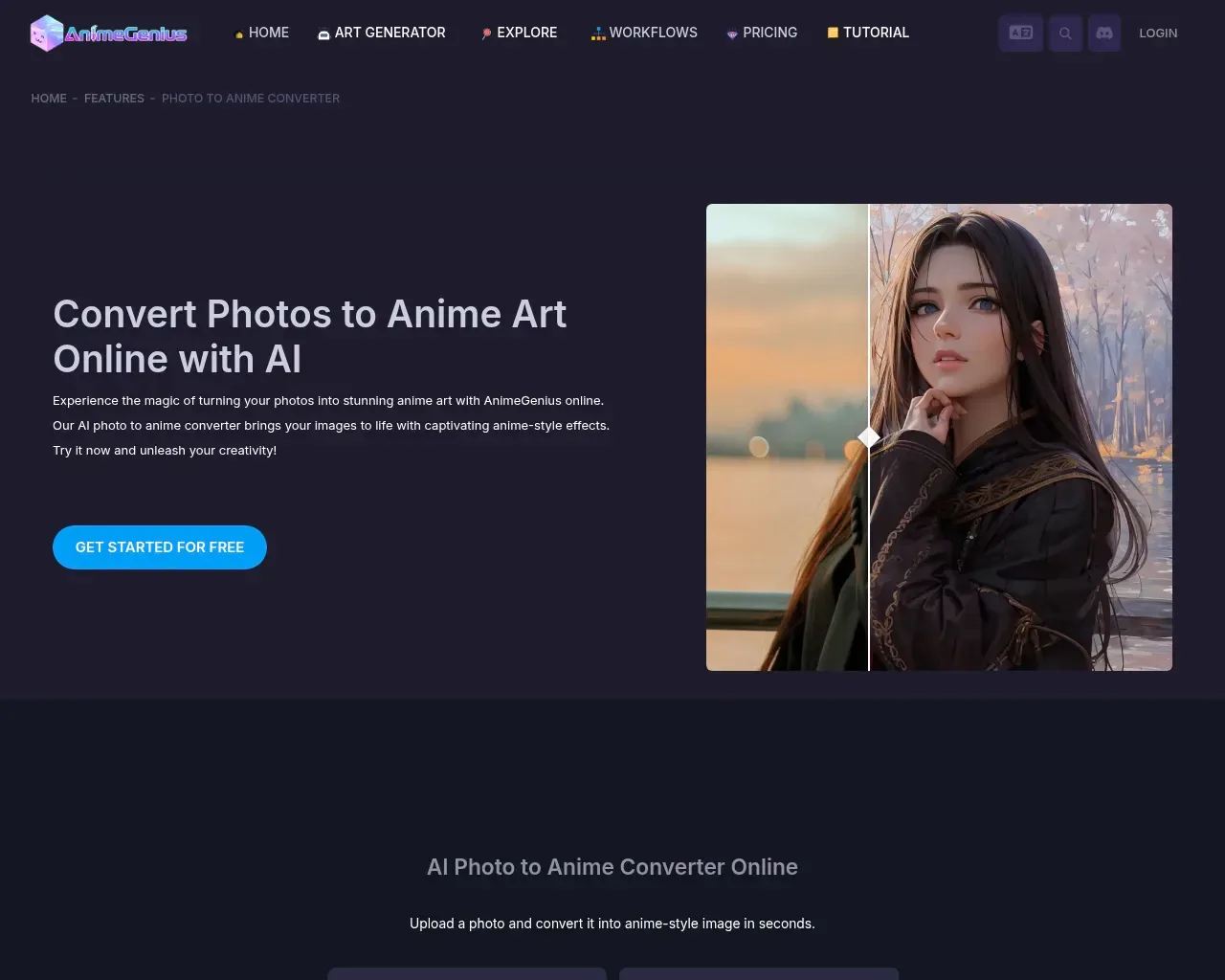 AnimeGenius का photo-to-anime कन्वर्टर — एक before/after स्लाइडर जो पोर्ट्रेट फोटो को anime आर्ट में बदलता है
