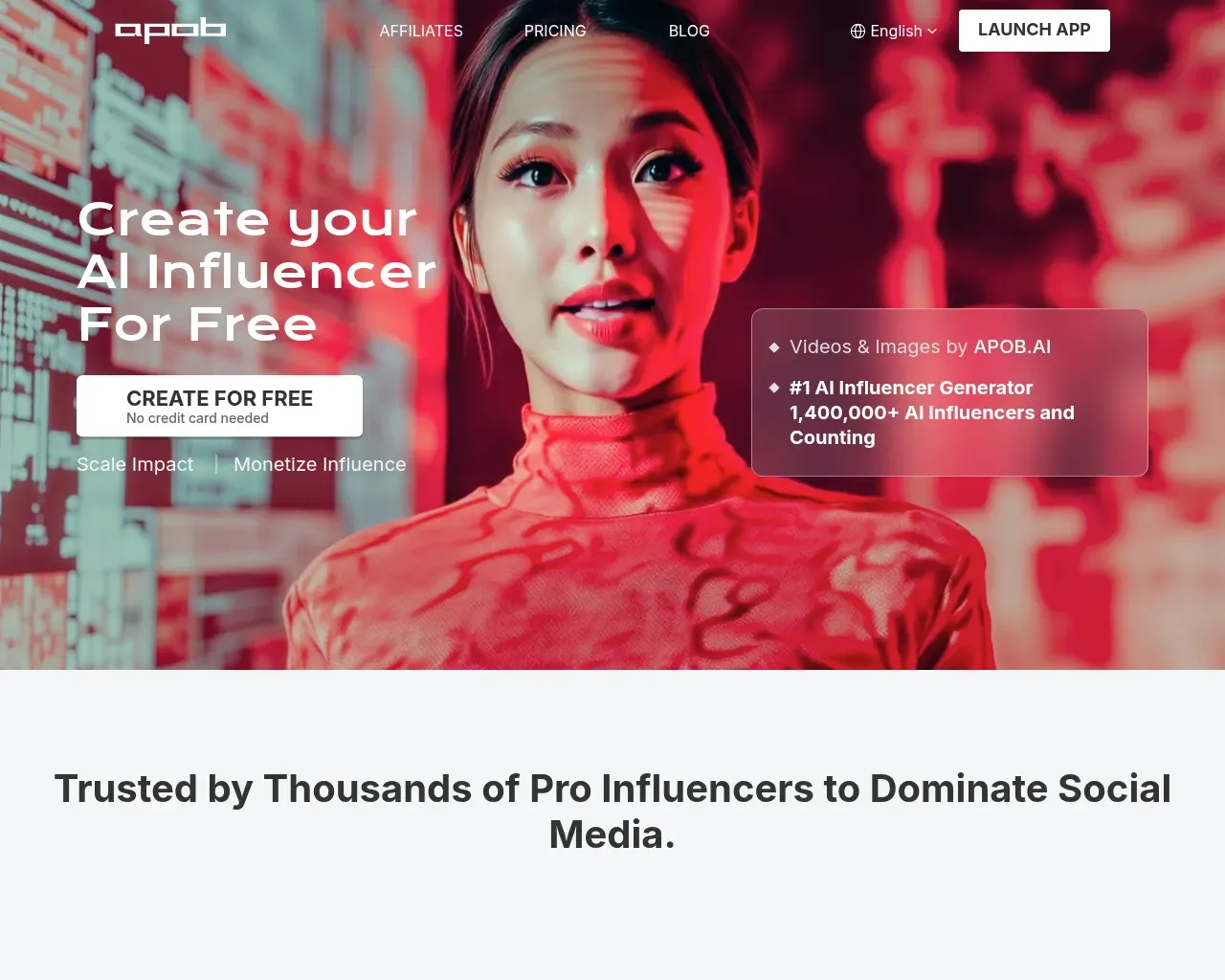 APOB AI homepage — AI Influencer Generator hero with sample AI avatars