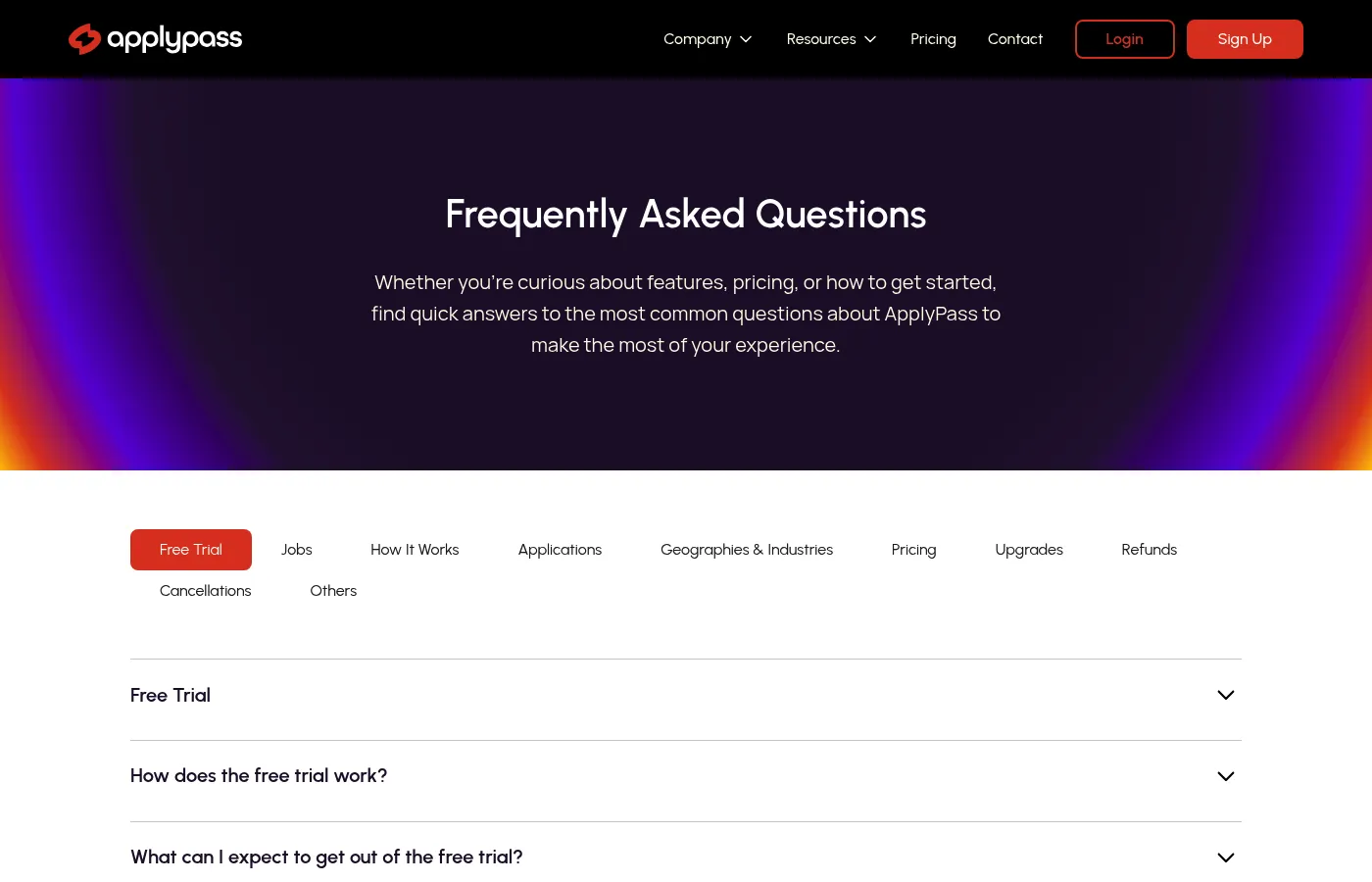 ApplyPass FAQ page with topic tabs including Refunds and Cancellations
