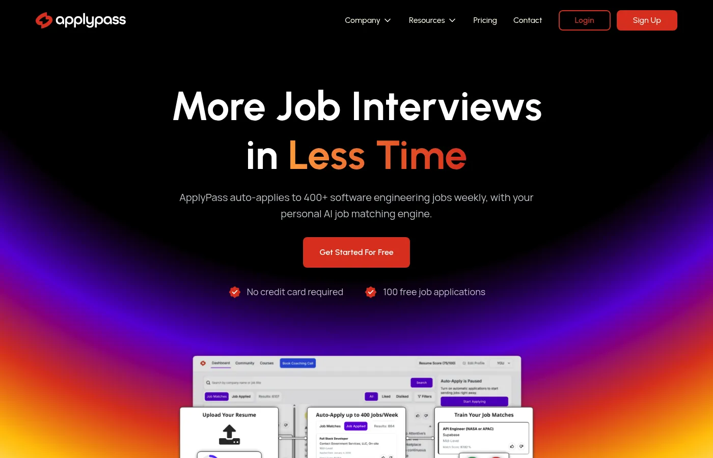 ApplyPass homepage — "More Job Interviews in Less Time" with the auto-apply dashboard below