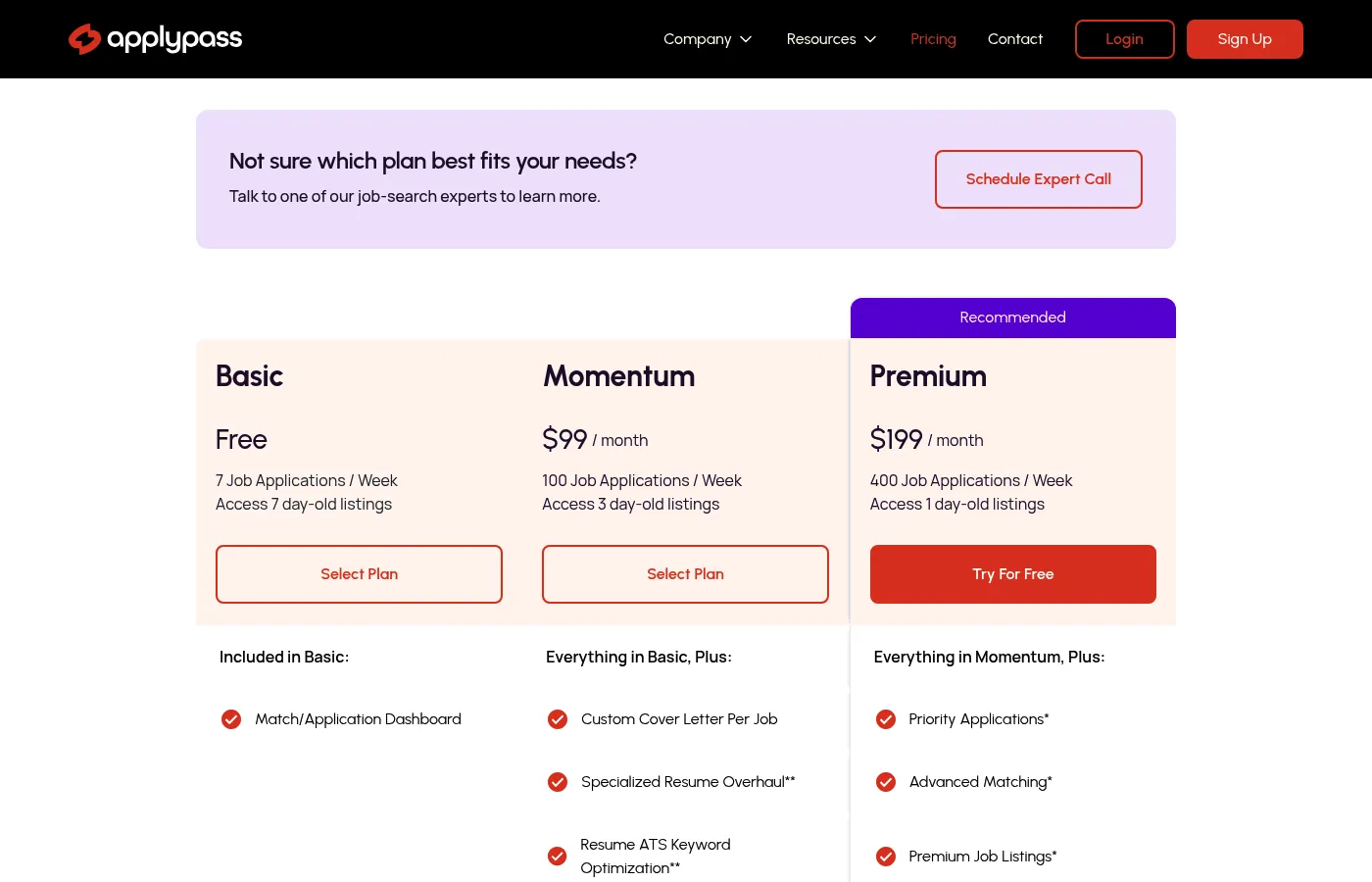 ApplyPass pricing page — Basic free, Momentum $99/month, Premium $199/month, each with different listing freshness