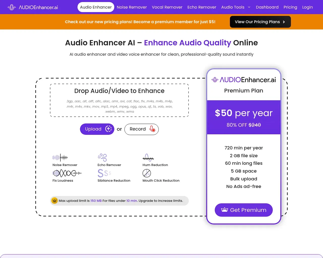 Главная страница AudioEnhancer.ai — AI-улучшитель аудио с перетаскиванием, с режимами улучшения в один клик и карточкой премиум-плана
