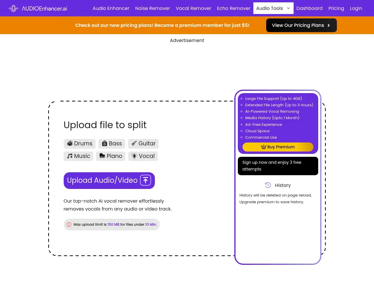 Stem Splitter AudioEnhancer.ai — изоляция вокала, барабанов, баса, гитары и пианино из одного трека