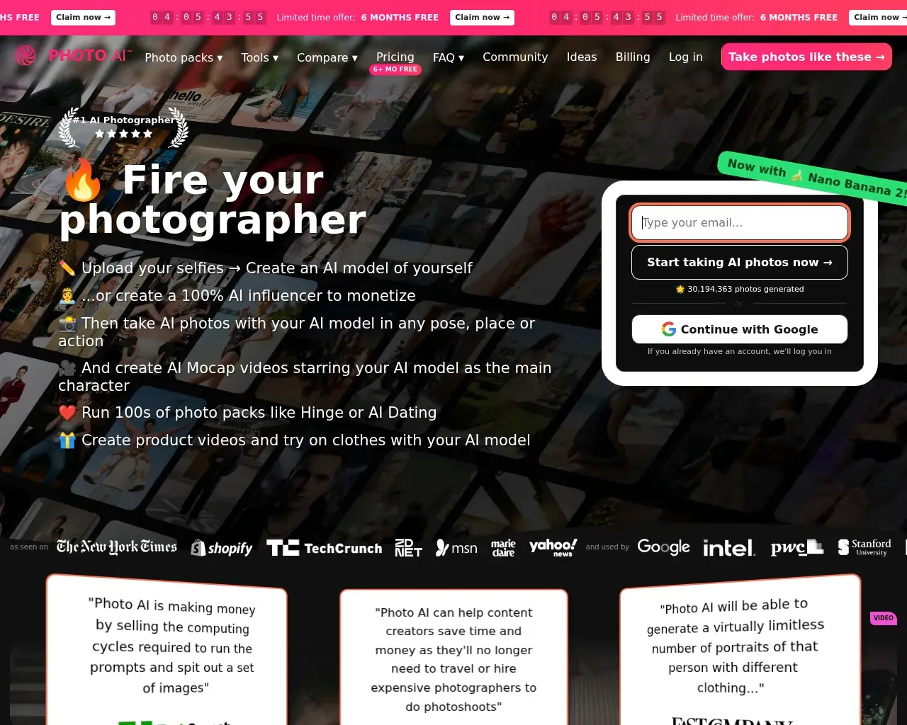Photo AI homepage — the "first AI Photographer" hero and photo-pack menu