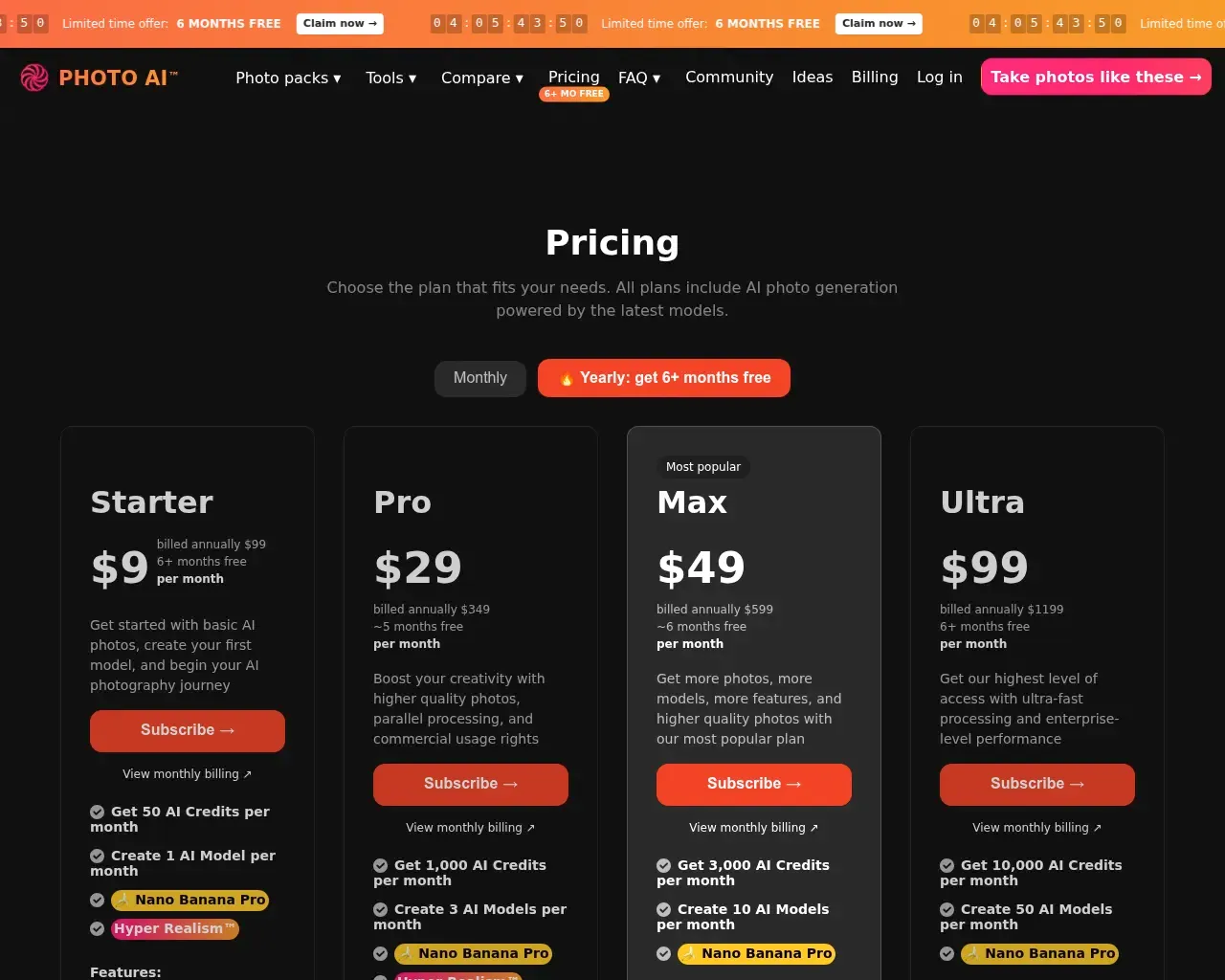 Photo AI pricing page — plans starting at $19 per month