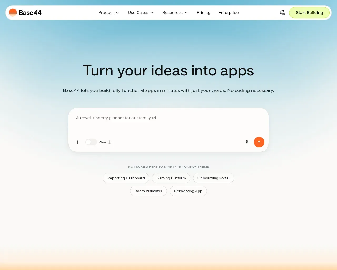 Base44 homepage with the natural-language app-building prompt and example app suggestions