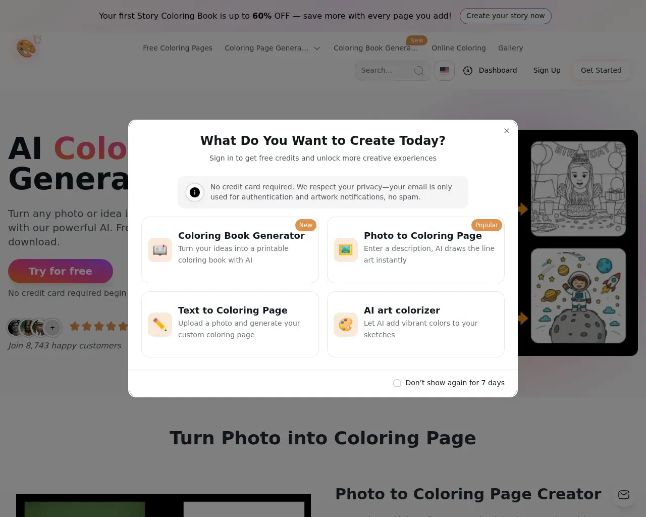 Best Coloring Pages AI homepage screenshot