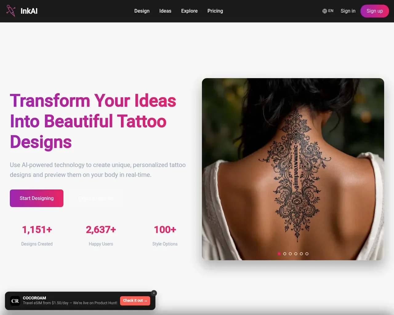 Ink AI - Tattoo Generator homepage screenshot