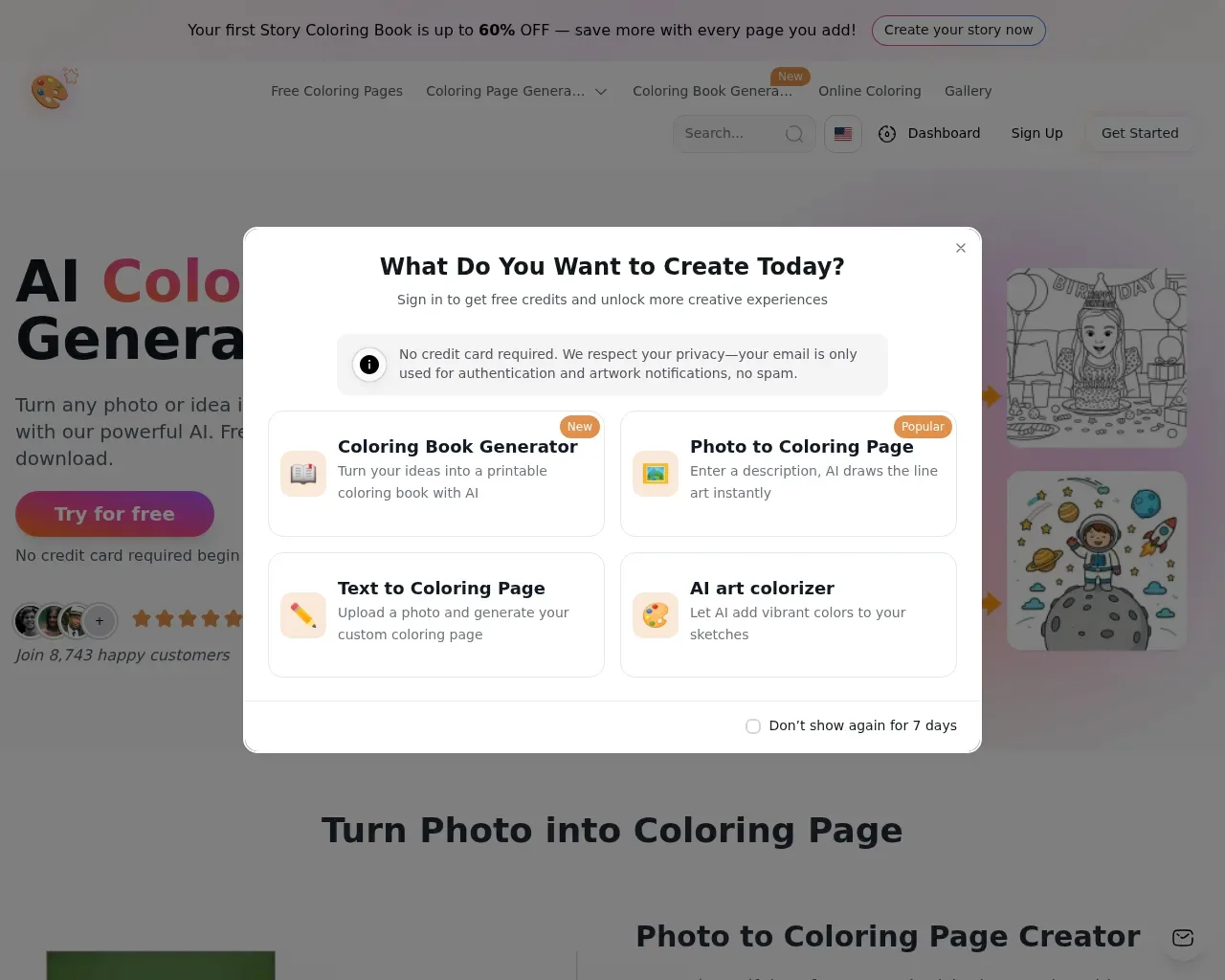 Главный экран Best Coloring Pages AI — диалоговое окно приветствия с предложением инструментов Генератор книг-раскрасок, Фото в страницу-раскраску, Текст в страницу-раскраску и ИИ-раскрашиватель