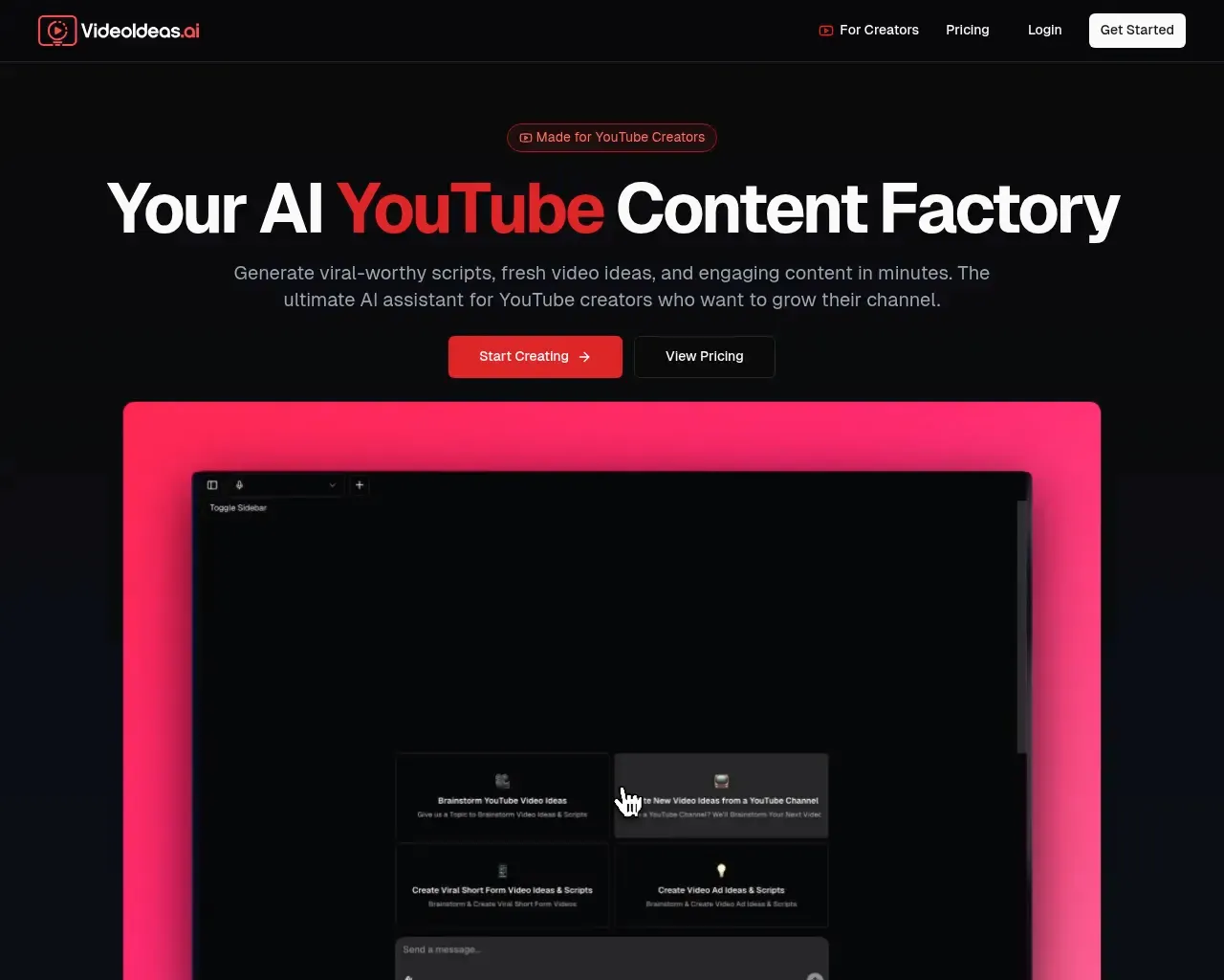 VideoIdeas AI homepage screenshot