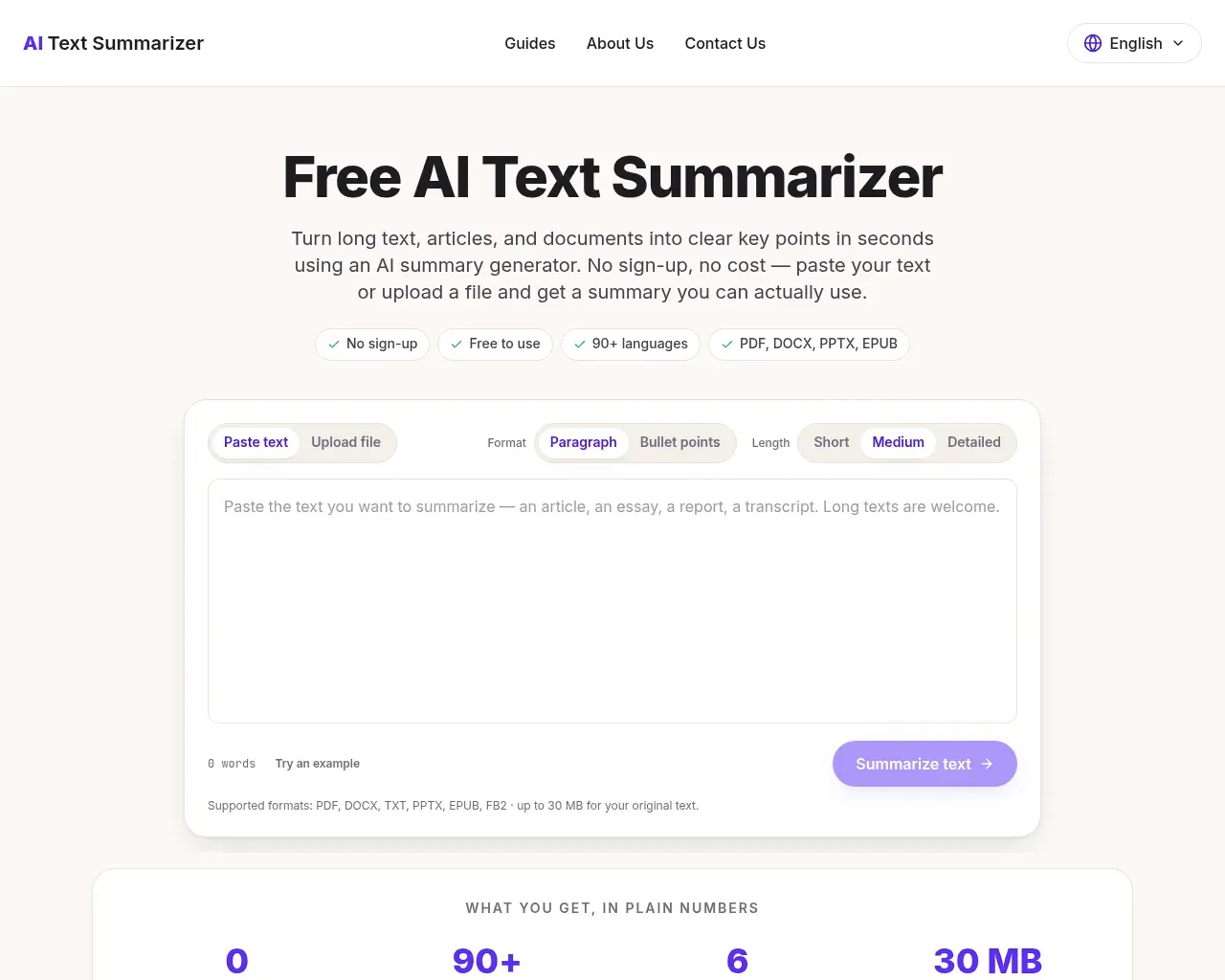 Capture d'écran de la page d'accueil d'AI Text Summarizer