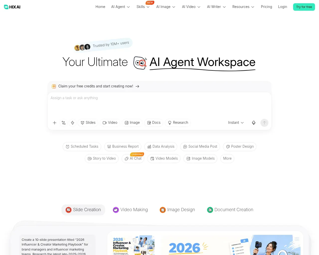 Capture d'écran de la page d'accueil de HIX.AI