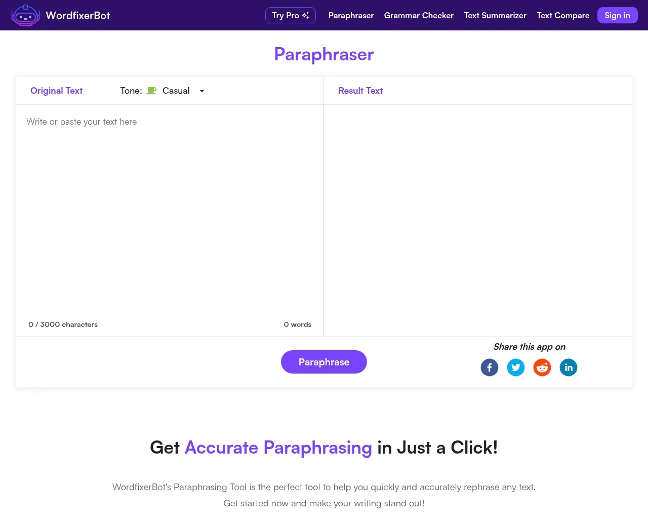 Capture d'écran de la page d'accueil de Wordfixerbot