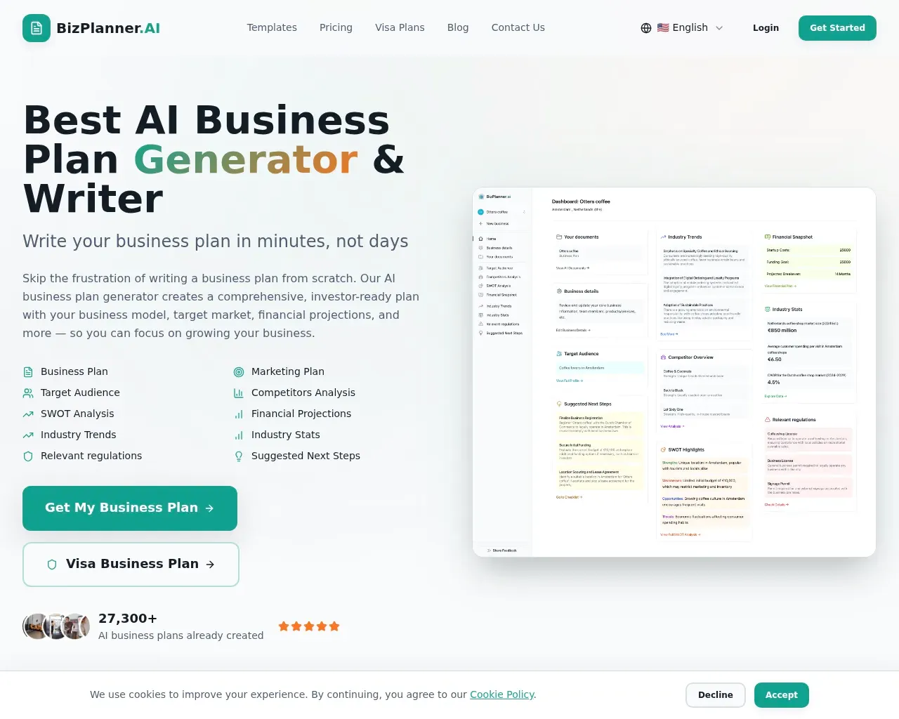 BizPlanner AI homepage showing the AI business plan generator with a sample plan dashboard and feature list