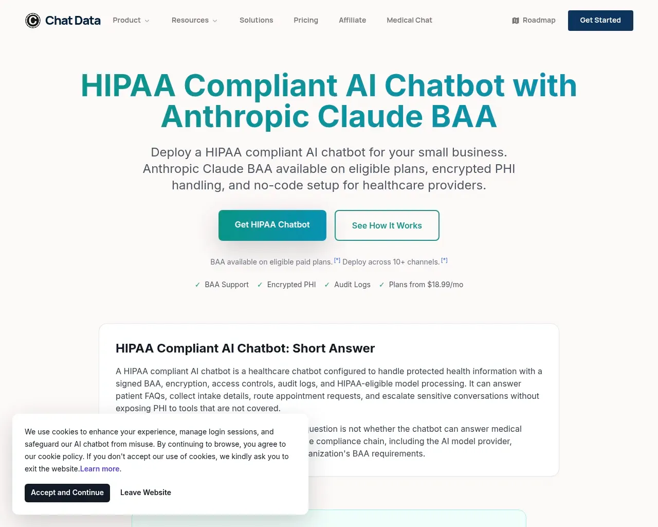 Chat Data की HIPAA चैटबॉट पेज — "HIPAA Compliant AI Chatbot with Anthropic Claude BAA," BAA Support, Encrypted PHI और Audit Logs बैज के साथ