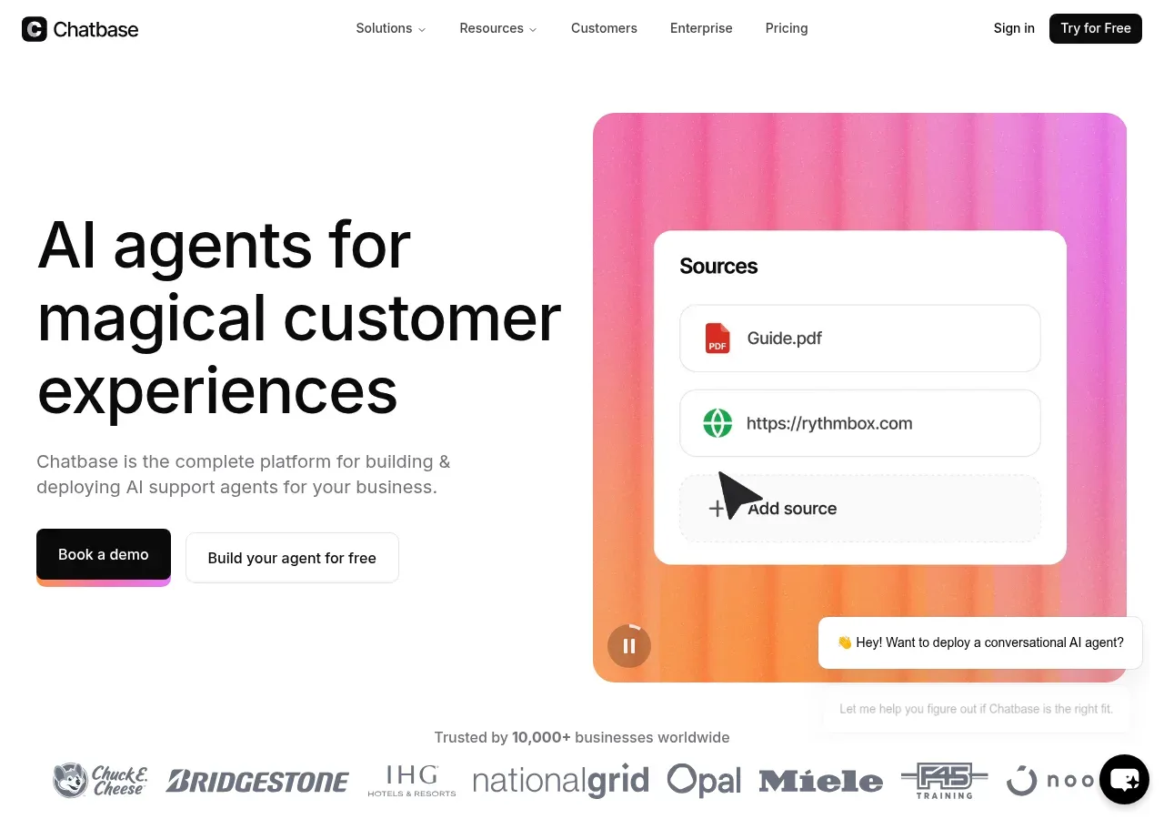 Chatbase homepage hero — the AI support agent platform, "AI agents for magical customer experiences"