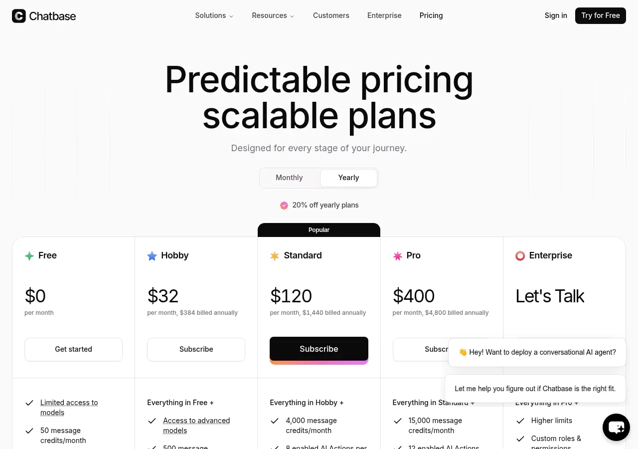 Chatbase pricing page — Free, Hobby at $32, Standard at $120, Pro at $400, and a contact-us Enterprise tier