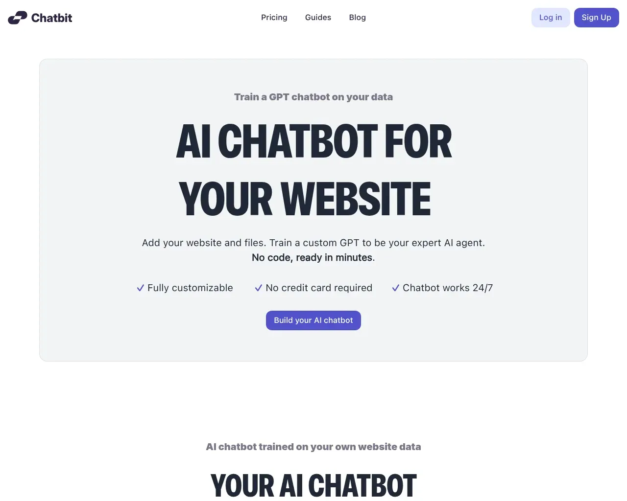 Chatbit homepage — a no-code AI chatbot for your website, trained on your own data