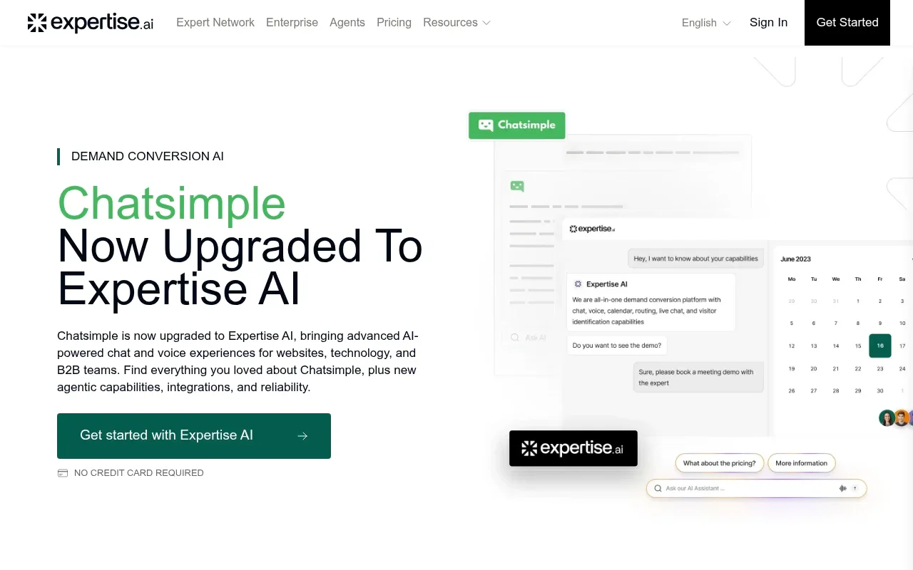The Expertise AI landing page explaining that Chatsimple has been upgraded to Expertise AI