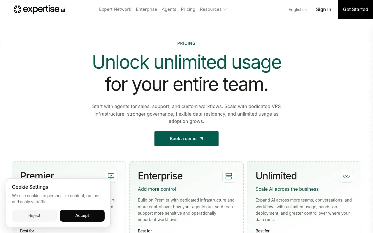 Expertise AI pricing page showing three book-a-demo tiers with no public prices