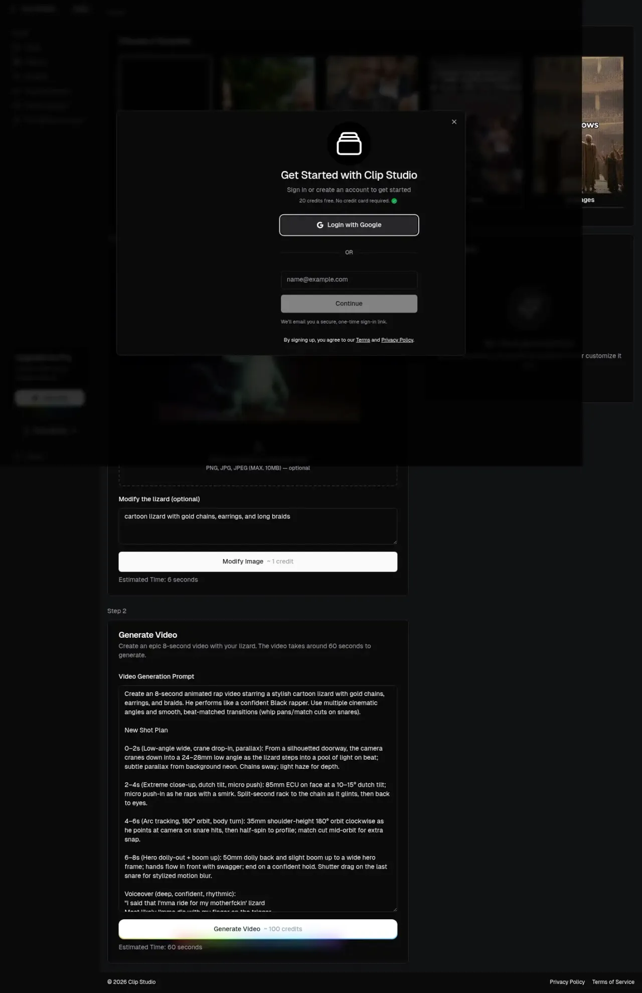Clip Studio's video generator — a template gallery at the top, then Step 1 to modify a starting image (~1 credit) and Step 2 to generate an 8-second AI video from a prompt and shot plan (~100 credits)