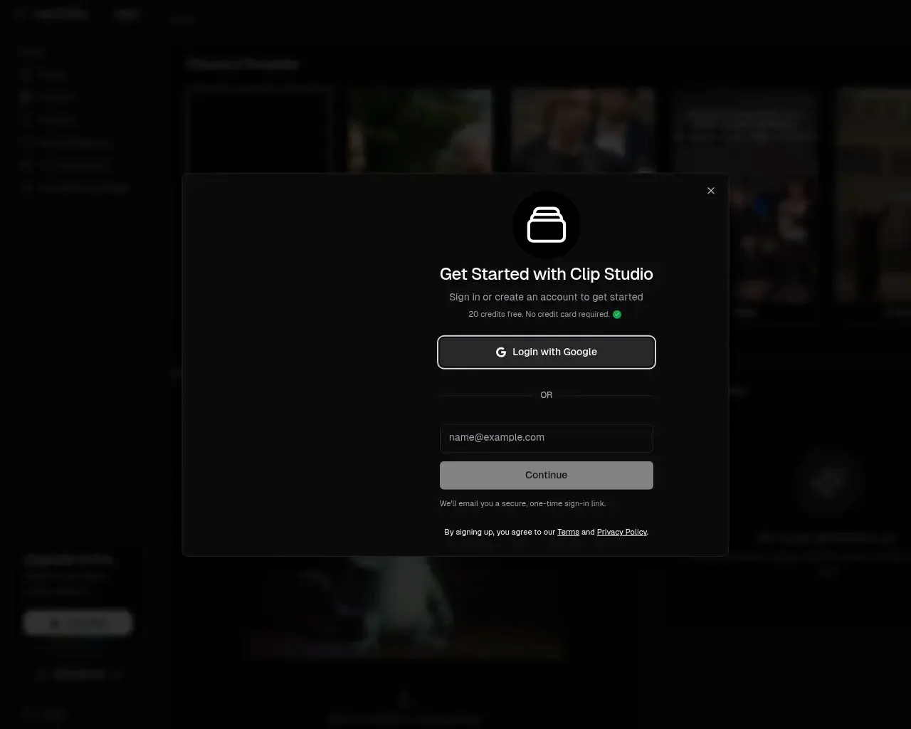 Clip Studio's sign-in modal offering 20 free credits with no credit card required, with Google and email magic-link login, over the template gallery