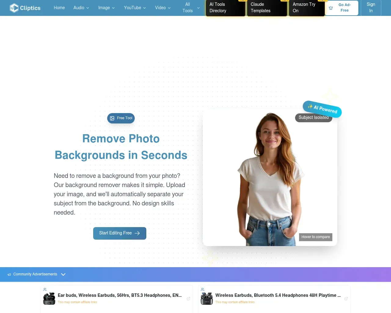 Cliptics background remover tool page