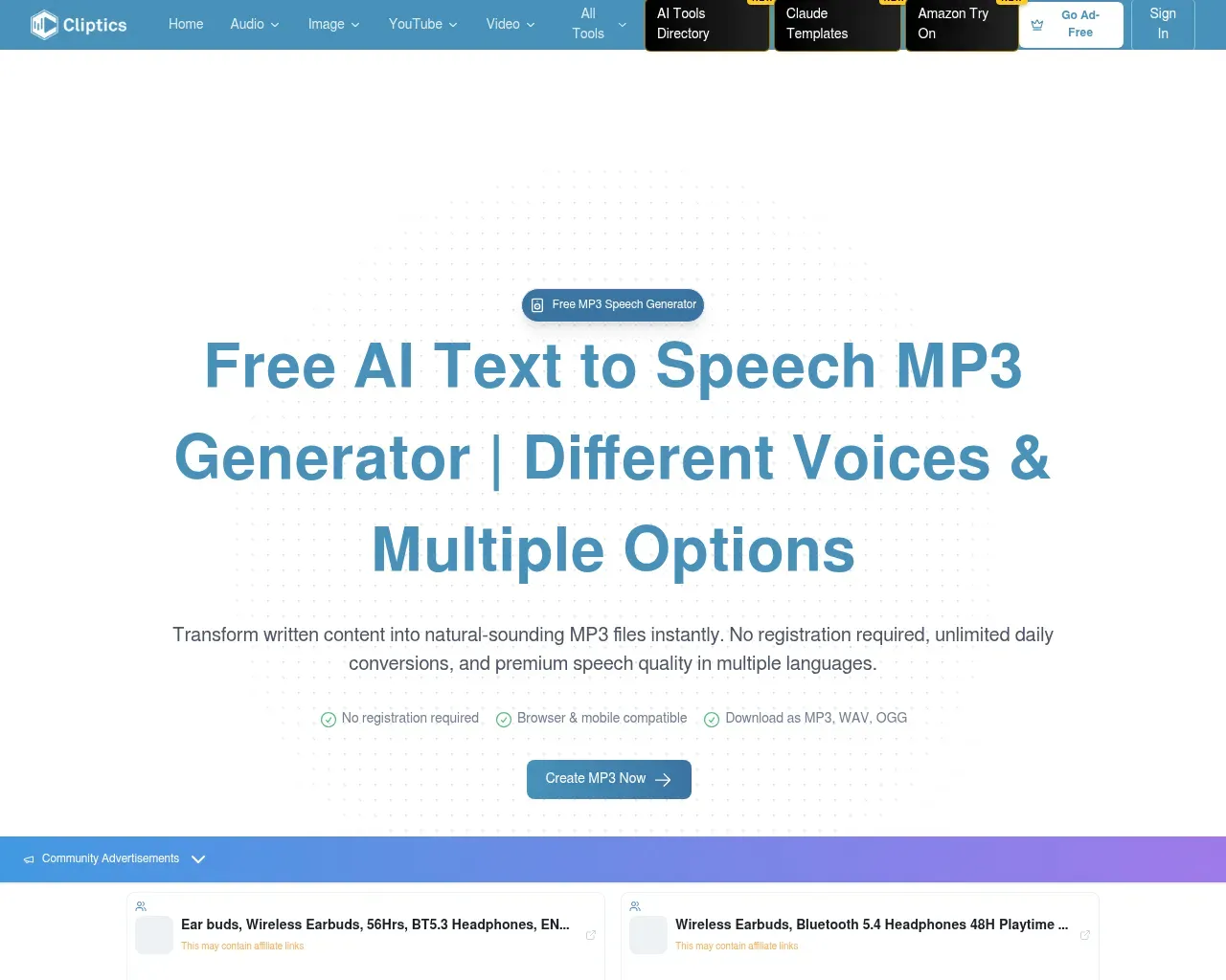 Cliptics free text-to-speech generator — MP3, WAV and OGG output, no registration