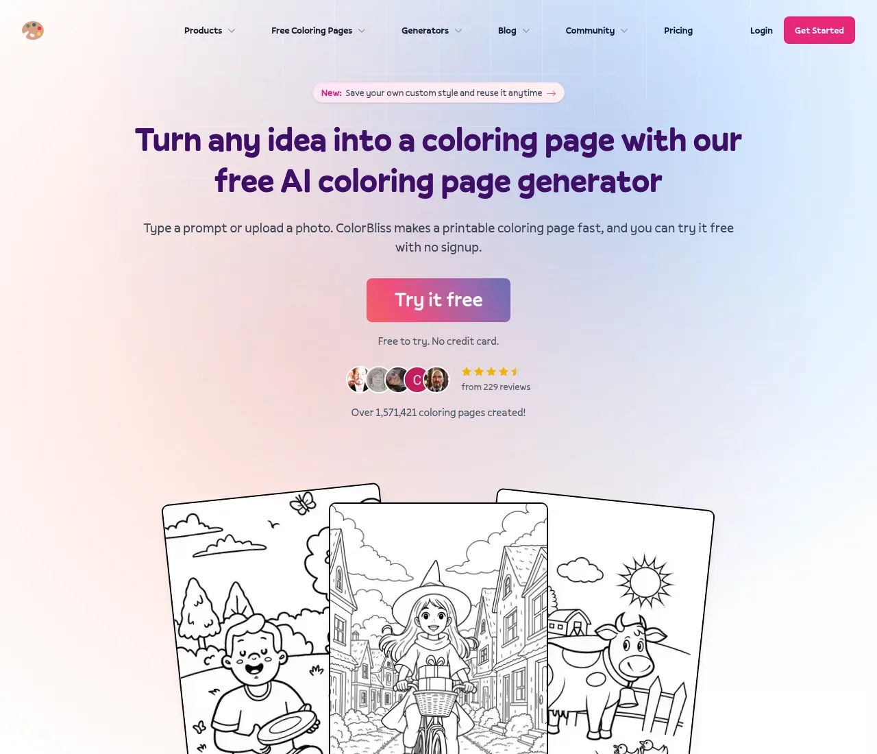 ColorBliss AI coloring page generator — turning a text prompt into printable line art