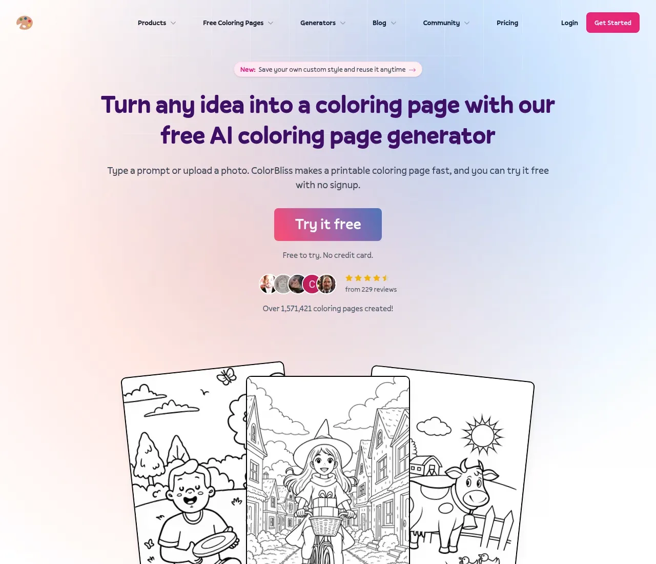ColorBliss homepage — free AI coloring page generator, above the fold
