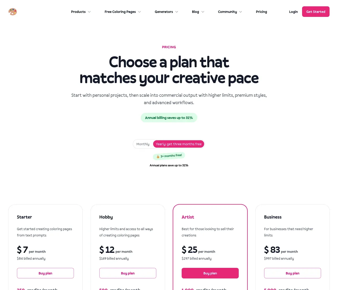 ColorBliss pricing page — Starter, Hobby, Artist, and Business credit plans