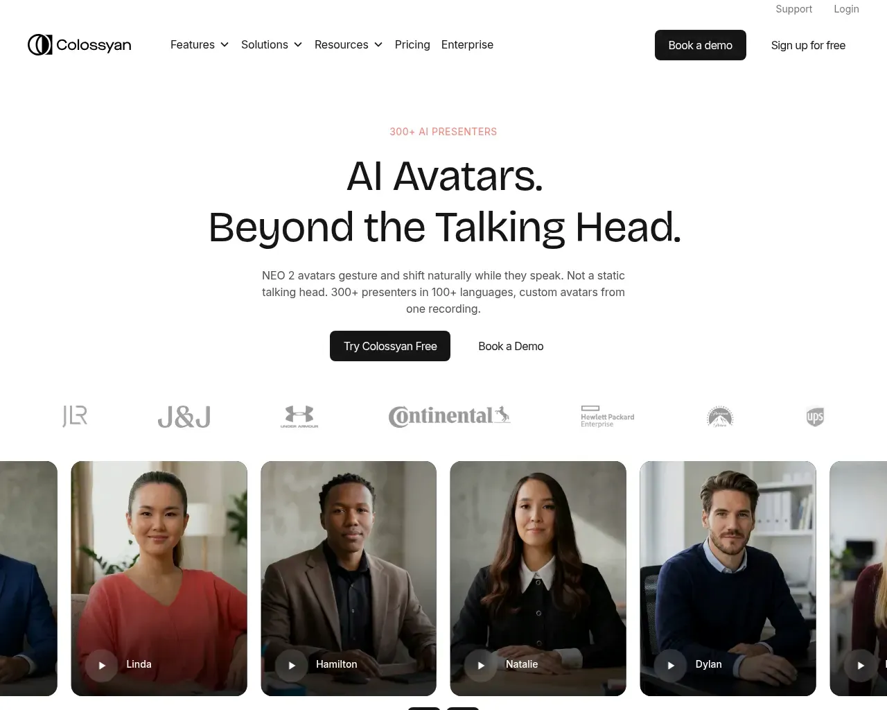 Page des avatars IA de Colossyan montrant les présentateurs NEO 2 Linda, Hamilton, Natalie et Dylan