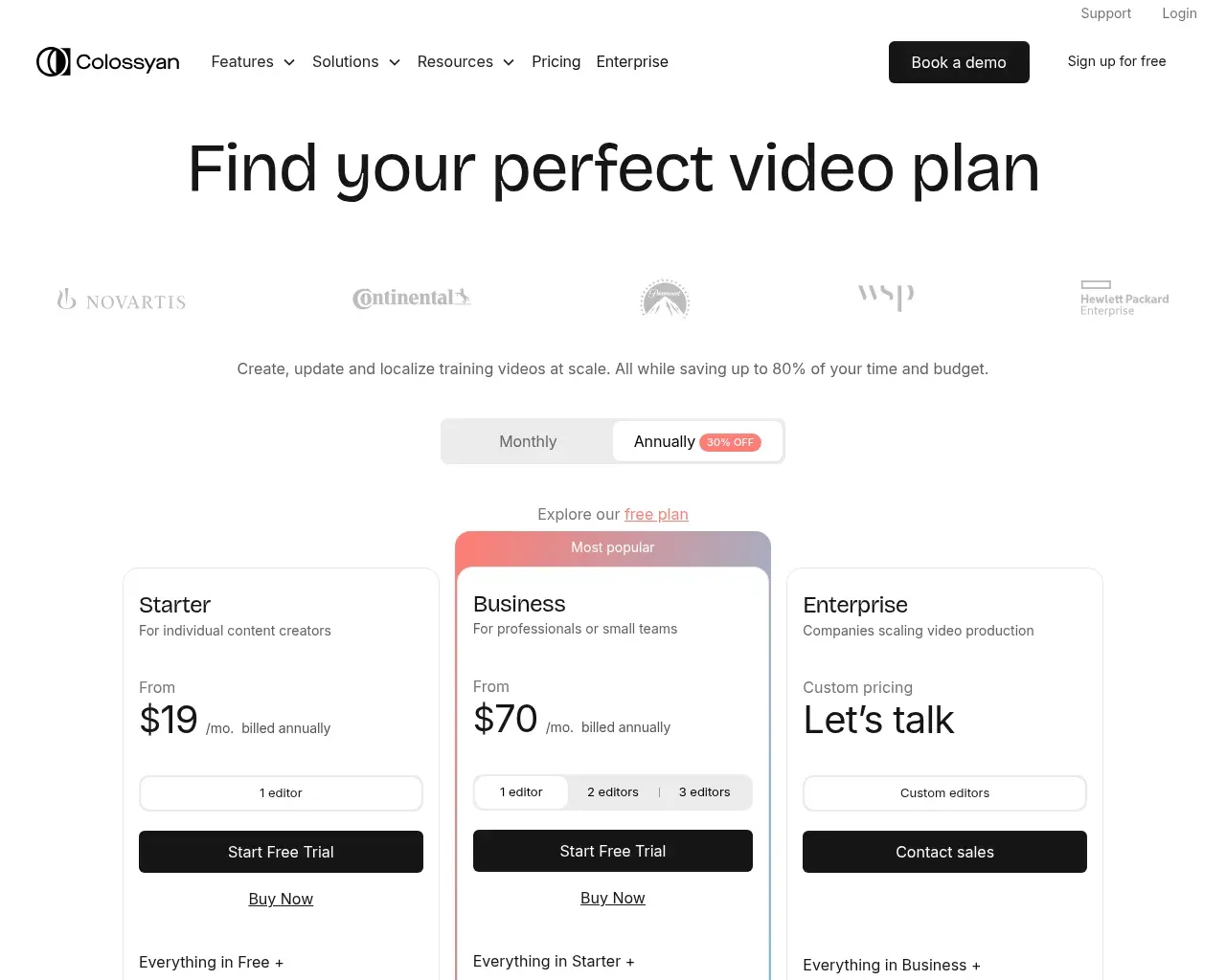 Page de tarifs de Colossyan montrant les plans Starter, Business et Enterprise